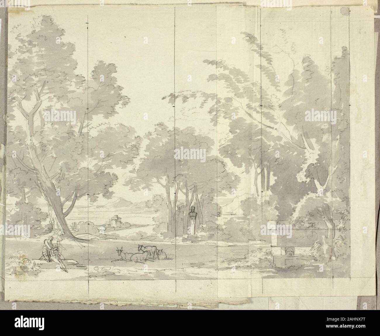 Pierre Antoine Mongin. Fantasy Landschaft mit Ruinen und Zahlen. 1781 - 1827. Frankreich. Schwarze Kreide und Pinsel in Grau waschen, blassgrün Bütten (zusammengesetzt, teilweise verfärbt) auf Grau webte Papier mit pinkfarbenen und blauen Fasern, gespitzt Stockfoto