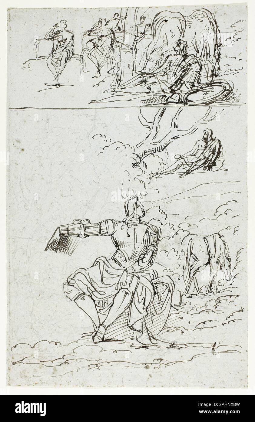 Studie Blatt mit Sitz Ritter (recto); Stehende männliche Figur in Mittelalterliches Kleid (verso). 1700 - 1899. Vereinigtes Königreich. Pen und brauner Tinte über Schwarze Kreide (recto) und Graphit, mit einem Hauch von Pen und Bister (verso), Blau auf Bütten Stockfoto