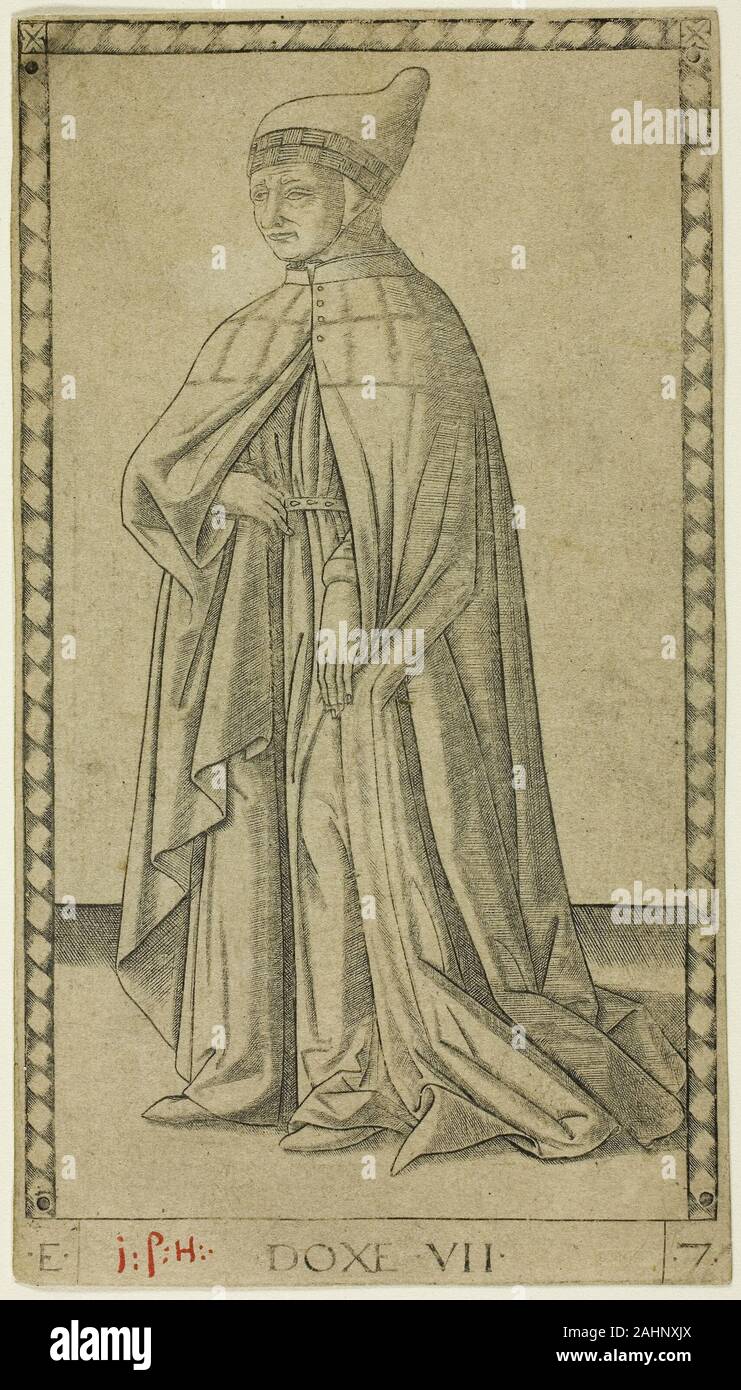 Meister der E-Serie - tarocchi. Der Doge, Platte sieben aus den Reihen der Männer. 1460-1470. Italien. Gravur auf Papier das Deck von 50 sogenannten Tarocchi sind nicht tarots in der modernen, wahrsagerei Sinn, noch waren sie bestimmt als Spielkarten. Keine Cut-out Impressionen für Spiel montiert sind bekannt, und es fehlt die Anzüge und die Zahl der regelmäßigen Deck. Stattdessen werden diese fein gravierte didaktische Allegorien in fünf nummerierten ordnet die Beschreibung der Funktionsweise der Sphären des Menschen gruppiert sind, die Musen, die Freien Künste, der Kosmos, und der Himmel, um der zunehmenden Bedeutung, die ein Stockfoto