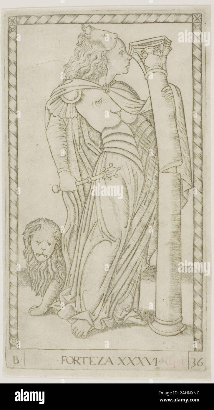 Meister der E-Serie - tarocchi. Stärke, Platte 36 von Genien und Tugenden. 1460-1470. Italien. Gravur in Schwarz auf Creme Bütten diese filigrane Arbeit, entworfen und von einem unbekannten Künstler graviert, ist aus einer Reihe von 50 Drucke fälschlicherweise dachte Tarocchi zu sein, ein Deck der Tarot Karten. Die allegorischen Figuren illustrieren die Breite des menschlichen Wissens und der Fähigkeit, freie Künste und Wissenschaften, Kardinal und spirituellen Tugenden und kosmischen Kräfte. Hier ist die Personifikation der Kraft trägt lion Rüstung und hält einen Broken Column - eine Anspielung auf die biblische Figur, Samson, deren endgültige leistungsstarke Akt war Topp Stockfoto