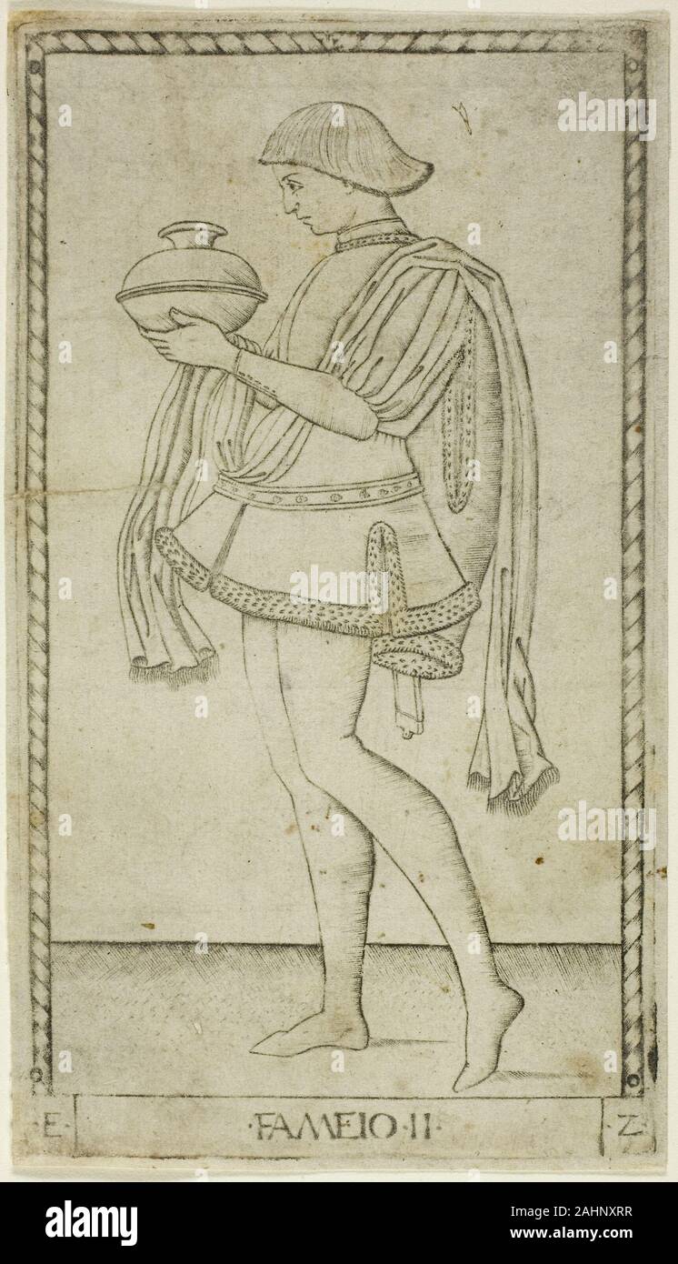 Meister der E-Serie - tarocchi. Der Knecht, Platte zwei aus den Reihen der Männer. 1460-1470. Italien. Gravur auf Elfenbeinfarbenem unter den Verdutzenden frühe Drucke in Italien produziert festgelegt sind Die 50 graviert tarocchi (Tarot) Karten in Ferrara in der Mitte des 15. Jahrhunderts geschaffen. Obwohl die druckt die Form und Größe der Karten, bilden Sie keine vollständige tarot Deck, und es ist nicht bekannt, ob sie wirklich für den Einsatz gedacht waren. Die komplette Tarocchi-Serie ist in fünf thematische Gruppen Ränge und Bedingungen des Menschen; Apollo und die Musen; Liberal Arts; Geniuses und Tugenden; und Fi unterteilt Stockfoto