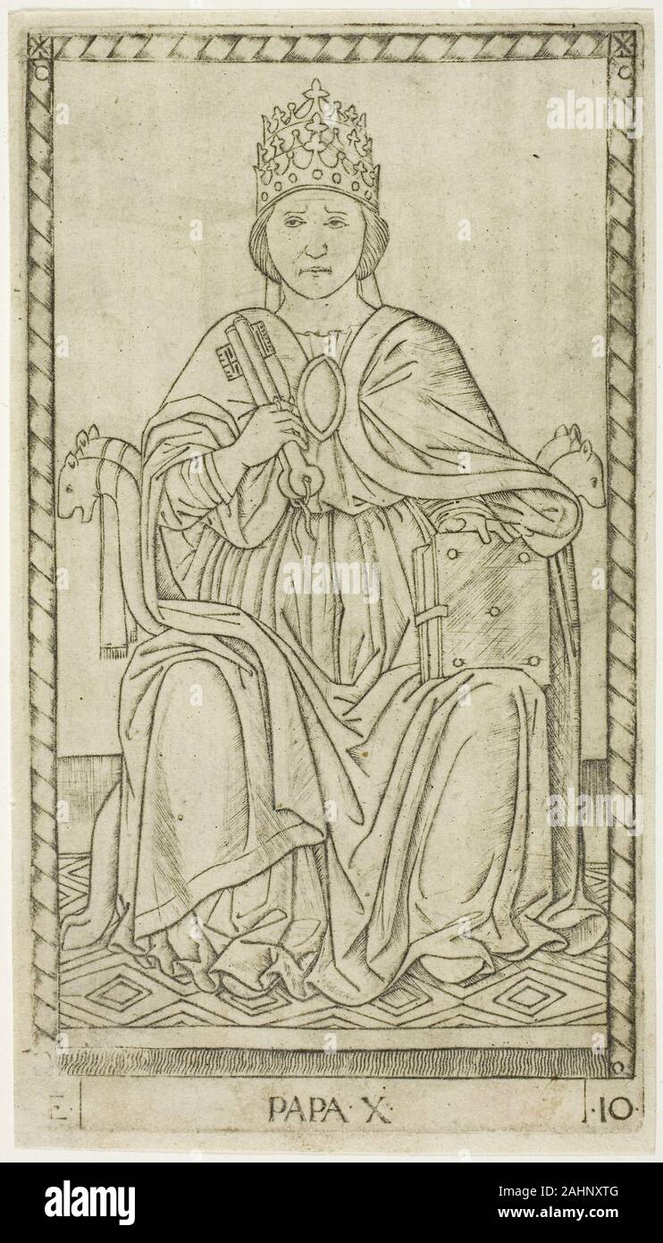 Meister der E-Serie - tarocchi. Der Papst, Platte zehn aus den Reihen der Männer. 1460-1470. Italien. Gravur auf Papier das Deck von 50 sogenannten Tarocchi sind nicht tarots in der modernen, wahrsagerei Sinn, noch waren sie bestimmt als Spielkarten. Keine Cut-out Impressionen für Spiel montiert sind bekannt, und es fehlt die Anzüge und die Zahl der regelmäßigen Deck. Stattdessen werden diese fein gravierte didaktische Allegorien in fünf nummerierten ordnet die Beschreibung der Funktionsweise der Sphären des Menschen gruppiert sind, die Musen, die Freien Künste, der Kosmos, und der Himmel, um der zunehmenden Bedeutung und Stockfoto