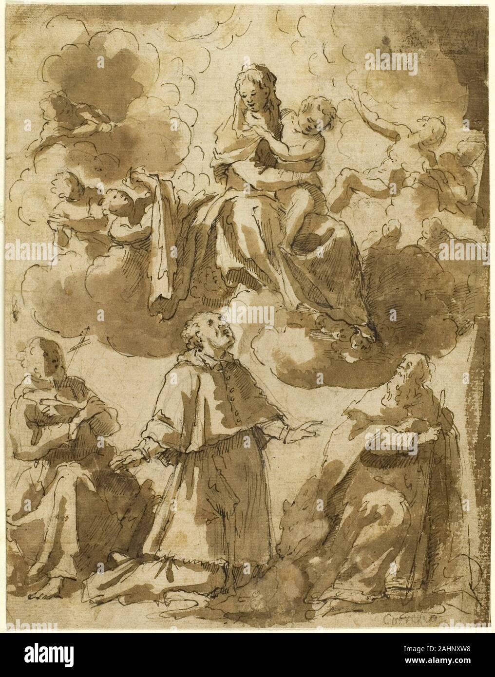 Francesco Vanni. Madonna und Kind in Herrlichkeit, mit drei männlichen Heiligen unten. 1583 - 1625. Italien. Feder und Tinte, braun mit Pinsel und Braun waschen über Schwarze Kreide, Auf festem Bütten, Trinkgeld auf Elfenbein webte Papier Stockfoto