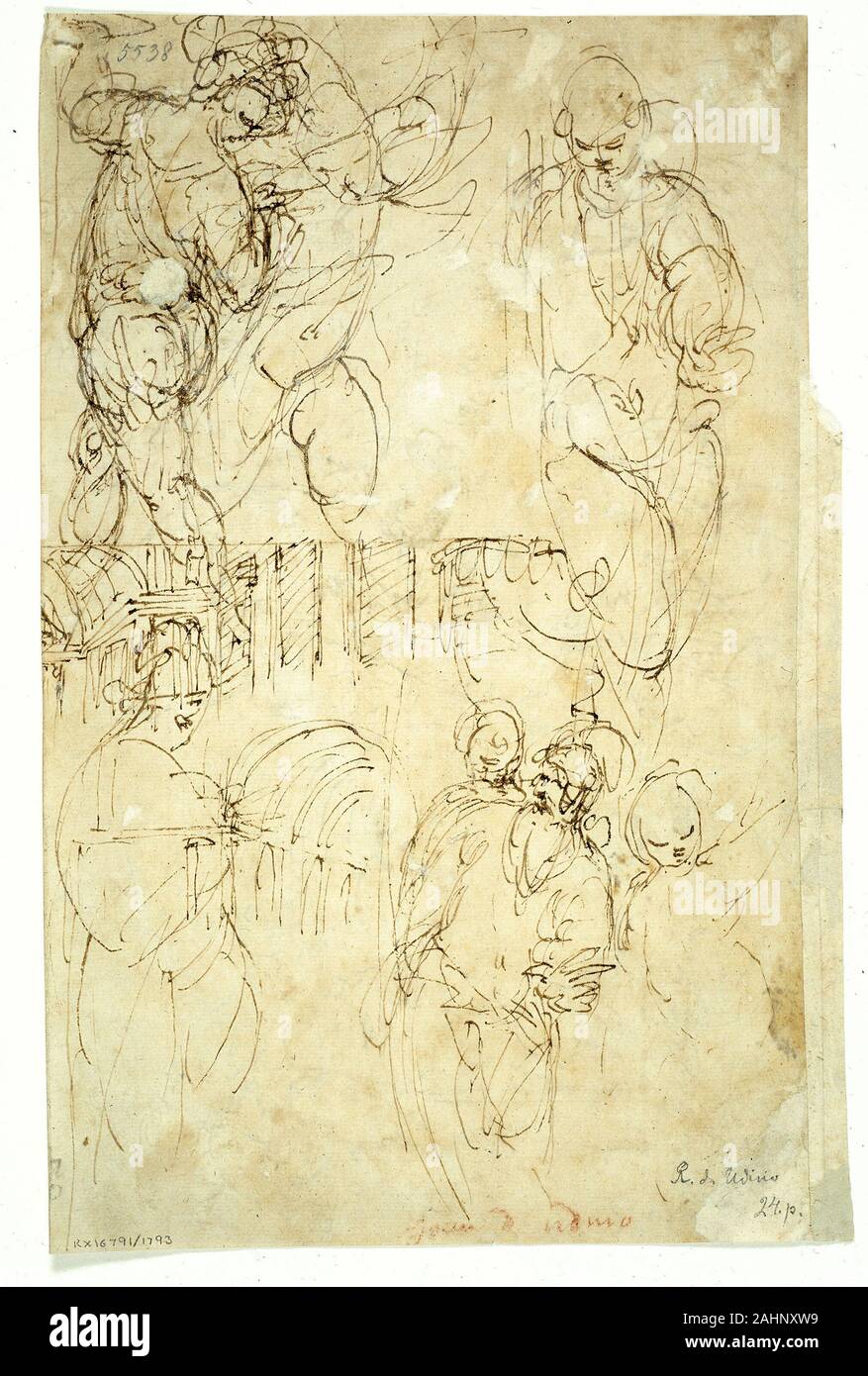 Battista Franco. Skizzen von Figuren. 1540 - 1560. Italien. Pen und braune Tusche auf tan-Bütten, kippte auf die Platine Stockfoto
