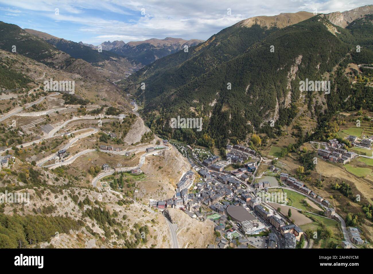 Tal von Canillo von Roc del Quer Sicht, Canillo, Andorra. Stockfoto
