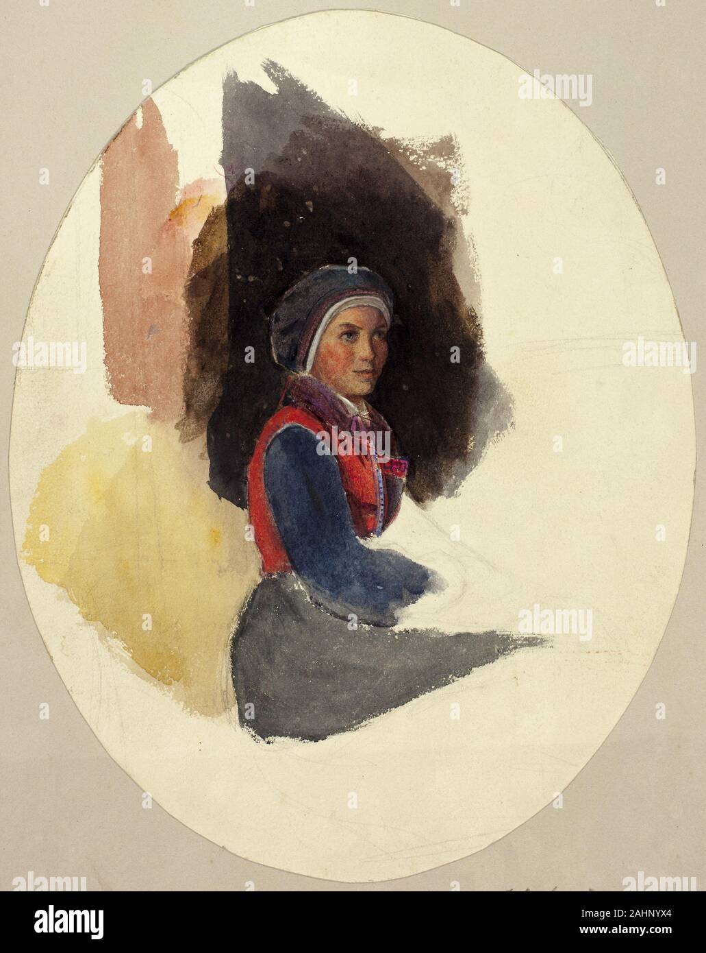 John Frederick Lewis. Skizze der sitzende Frau im bäuerlichen Tracht. 1825 - 1876. England. Aquarell über Graphit, auf Elfenbein webte Papier, auf grauem Papier webten Gespitzt Stockfoto