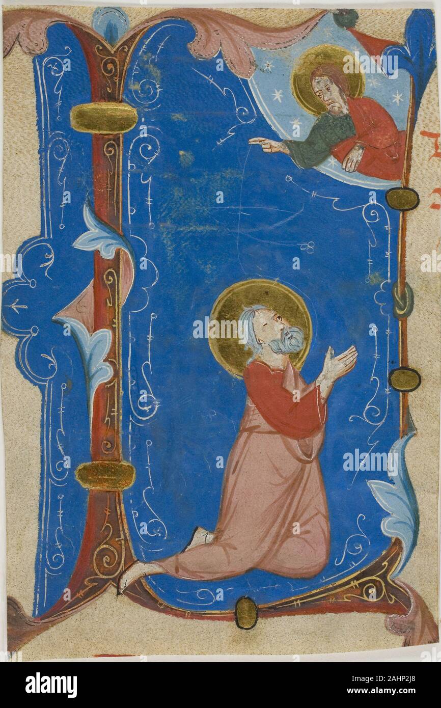 Neri da Rimini. Beten Saint (Moses) mit Christus in einem Historisierte Initiale L, aus einem Choirbook. 1290-1310. Italien. Manuskript schneiden in Tempera und Blattgold, mit gothica textura Inschriften in hell, Schwarz Tinte, Verso, in Rot regiert, auf Pergament Stockfoto