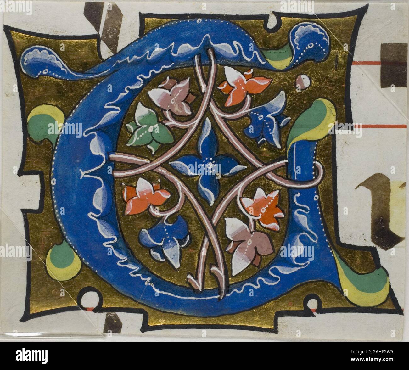 Erste T mit Blumen von einem Choirbook eingerichtet. 1800 - 1908. Europa. Manuskript schneiden in Tempera und Blattgold, mit roter und schwarzer Tinte auf Pergament Stockfoto