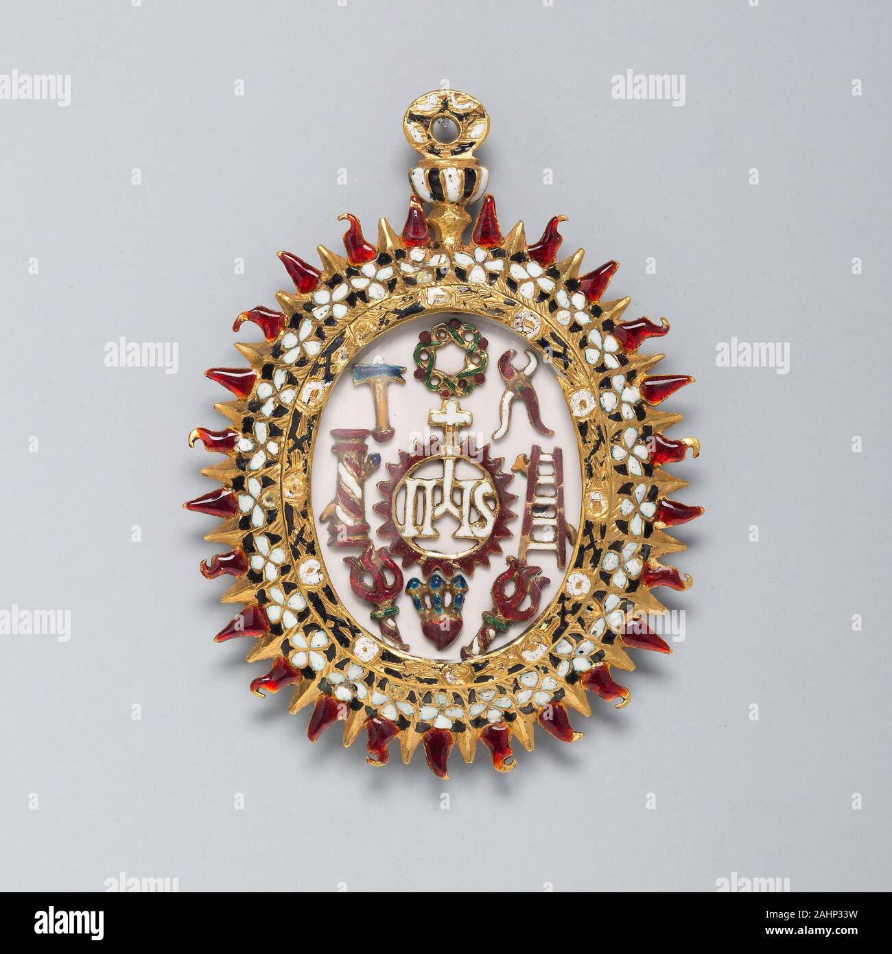 Duplex-einheit für Anhänger mit Symbolen der Christus und die Leidenschaft; und Christus im Tempel unter den Ältesten. 1575 - 1625. Spanien. Gold, Emaille, und Tusche auf Pergament Stockfoto