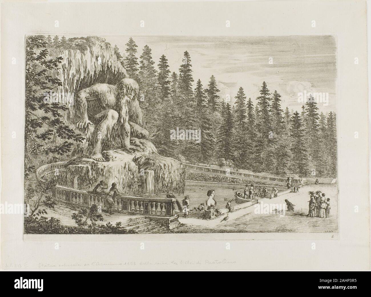 Stefano Della Bella. Die kolossale Statue des Apennin, von Ansichten der Villa di Pontassieve. 1652 - 1655. Italien. Ätzen in Schwarz auf Elfenbein bütten am Stadtrand von Florenz, die Villa di Pontassieve und die prächtige Gärten und Grotten waren durch den Großherzog der Toskana gebaut. Francesco de' Medici es für seine Herrin, Bianca Cappello, der später seine zweite Frau gebaut. Diese Ansicht zeigt die gigantische Statue personifizieren die Apenninen, ein Meisterwerk in 1579-80, die von der späten Renaissance Bildhauer Giambologna. Das fantastische Einstellung war ein passendes Thema für Stefano della Stockfoto