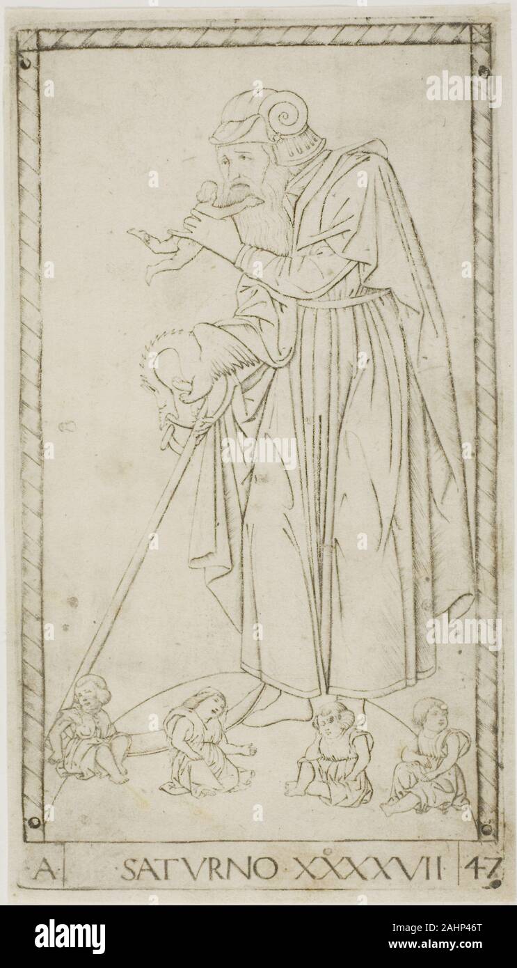 Meister der E-Serie - tarocchi. Saturn, Platte 47 von Planeten und Sphären. 1460-1470. Italien. Gravur auf Papier Saturn ist Teil eines 50-Card als Tarocchi, die keine tarot Karten, aber die Wahrscheinlich diente einem didaktischen Zweck als Memory Spiel bekannt. Der unbekannte Künstler arbeitete in einem stark linear, trockenen Stil mit einem Hauch von der Groteske. Diese Gravuren Mythologie die Götter" über ihre astrologische Bedeutung unterstreichen. Die druckt heute neugierig Details, wie Saturn verschlingt seinen besonders kleine Kinder (Wer würde überleben und später ihn besiegen). Stockfoto