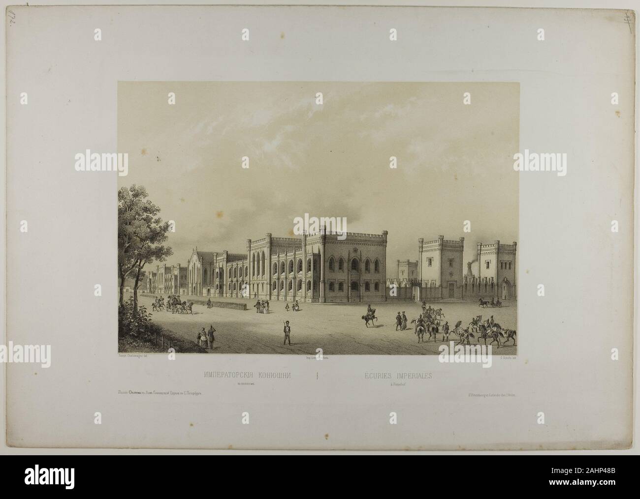 C. Schultz. Hofstallungen, Petrodvorets. 1815 - 1825. Deutschland. Lithographie in Schwarz mit beigen Farbton auf Elfenbein webte Papier Stockfoto