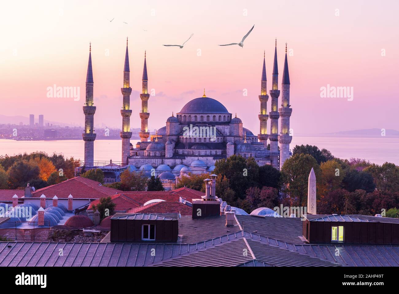 Wundervolle Sultan Ahmet Moschee oder die Blaue Moschee in der Morgensonne von Istanbul, Türkei Stockfoto