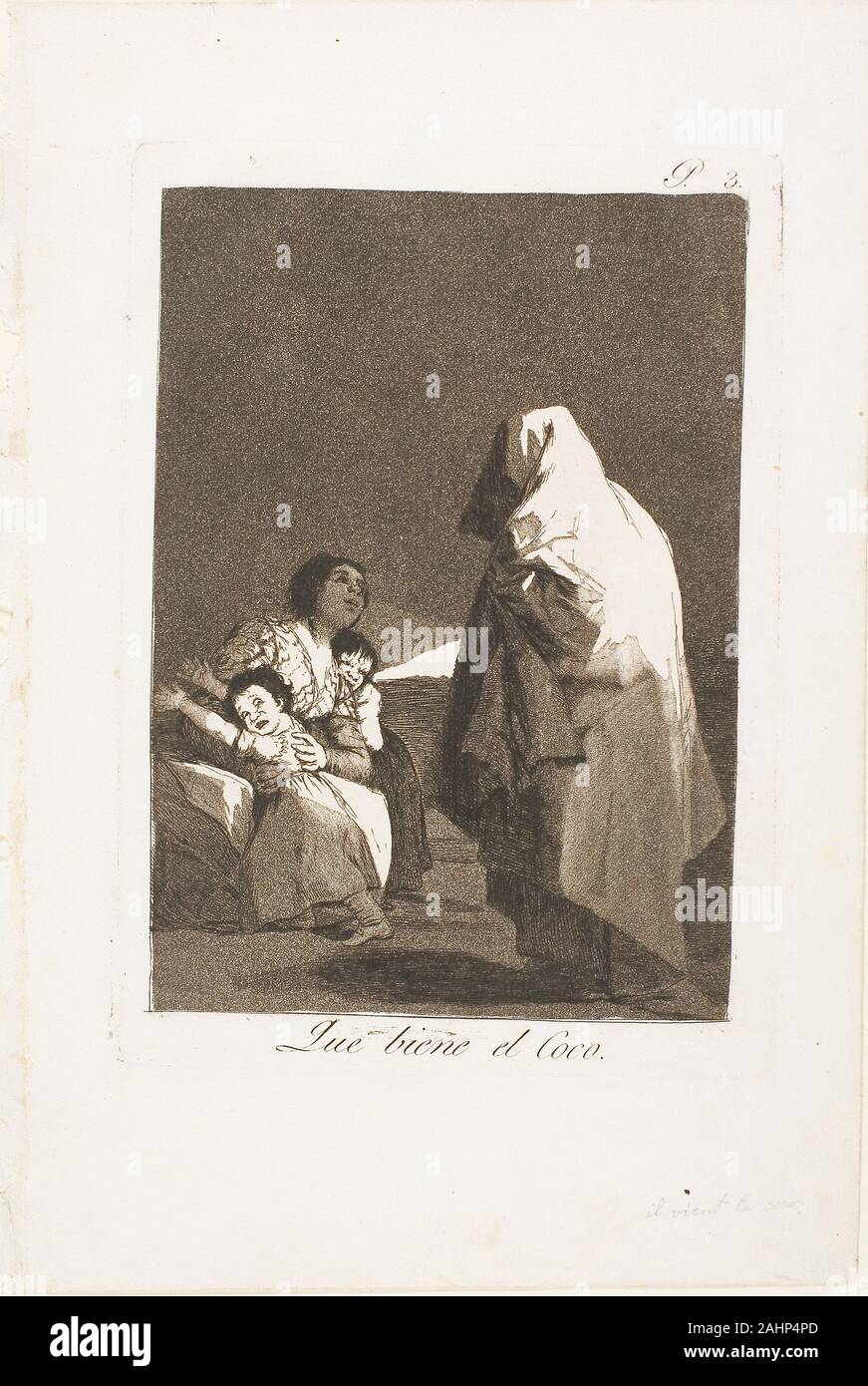 Francisco José de Goya y Lucientes. Hier kommt der Boogeyman, Platte drei aus Los Caprichos. 1797 - 1799. Spanien. Radierung und Aquatinta auf Elfenbein Bütten Platte 3 des Caprices verfügt über eine Mutter mit ihren zwei Kindern, die von einem verängstigten sind bedeckt von el Coco (The Boogeyman) im Vordergrund. Ausdruck der Mutter im Gegensatz zu denen ihrer Kinder, die sie in Dankbarkeit und Wertschätzung lächelt. Goya kritisiert die gängige Praxis der mit Angst, Kinder zu halten gut benommen. Der Ausdruck enthält auch einen Rechtschreibfehler, wie Goya Zauber Viene, der Spanischen Verb für "kommt" falsch. T Stockfoto
