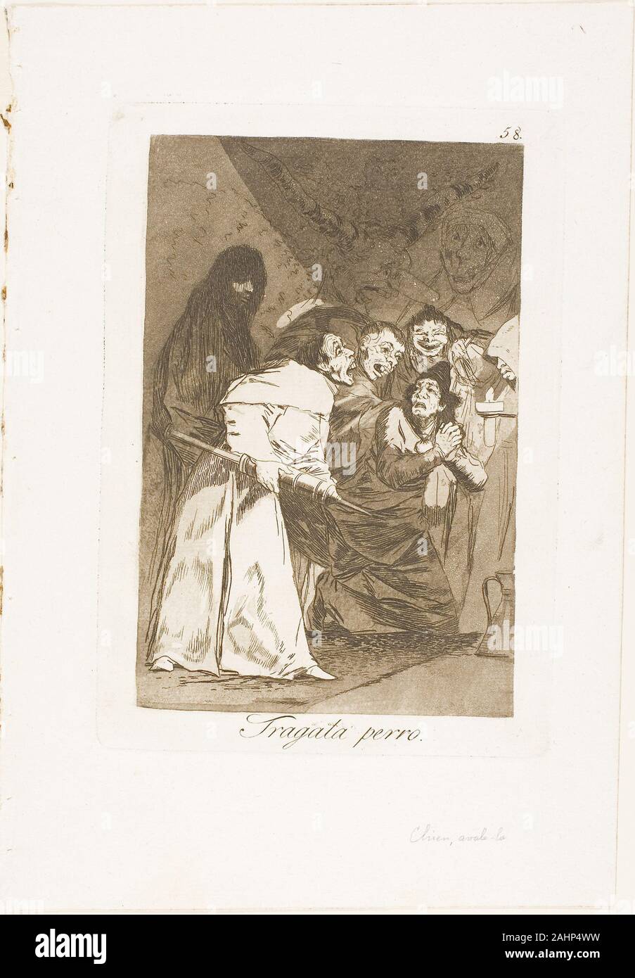 Francisco José de Goya y Lucientes. Es Schlucken, Hund, Platte 58 aus Los Caprichos. 1797 - 1799. Spanien. Radierung und Aquatinta auf Elfenbein Bütten Stockfoto