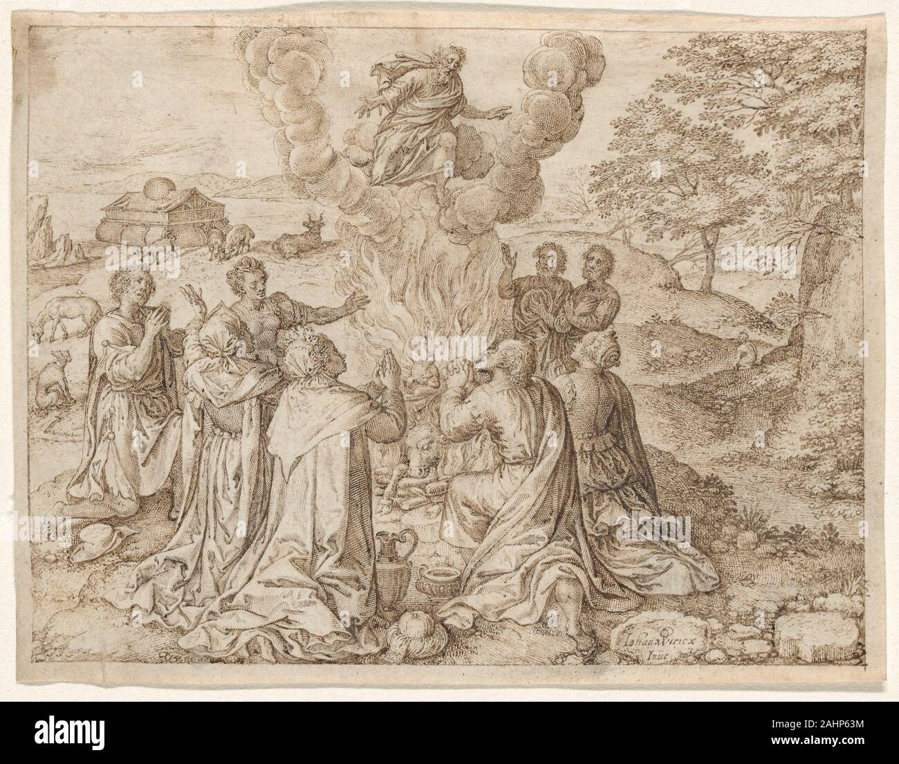 Jan Wierix. Noahs Opfer, Platte IX von der Gründung und frühen Geschichte des Menschen. 1606. Flandern. Pen und braune Tusche auf Pergament nach Überlebenden der Sintflut Noahs Familie dankt durch Verzicht auf ein Tier. Antwerpen - geboren Jan Wierix zeigte diese alte Szene der Danksagung von oben, mit einer fast alles sieht, Sicht auf die Familie, ihr Opfer, Gott in einer Wolke erscheinen, und das Schiff ihrer Errettung (die Arche) im Hintergrund links dargestellt. Dieses Thema ist eines von 20 in der Serie mit dem Titel der Gründung und frühen Geschichte des Menschen. Die Feinheit der Arbeit und Präsentation der Zeichnung Stockfoto