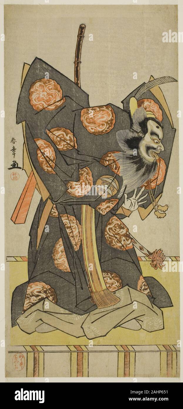 Shunsho Katsukawa. Der Schauspieler Nakajima Mihoemon II als Shujaku Tenno in den Spielen keine Hatsuyuki Masakado Kammuri, durchgeführt an der Nakamura Theater im elften Monat, 1777. 1772 - 1782. Japan. Farbe holzschnitt; hosoban; von einem mit mehreren Blättern Zusammensetzung Stockfoto