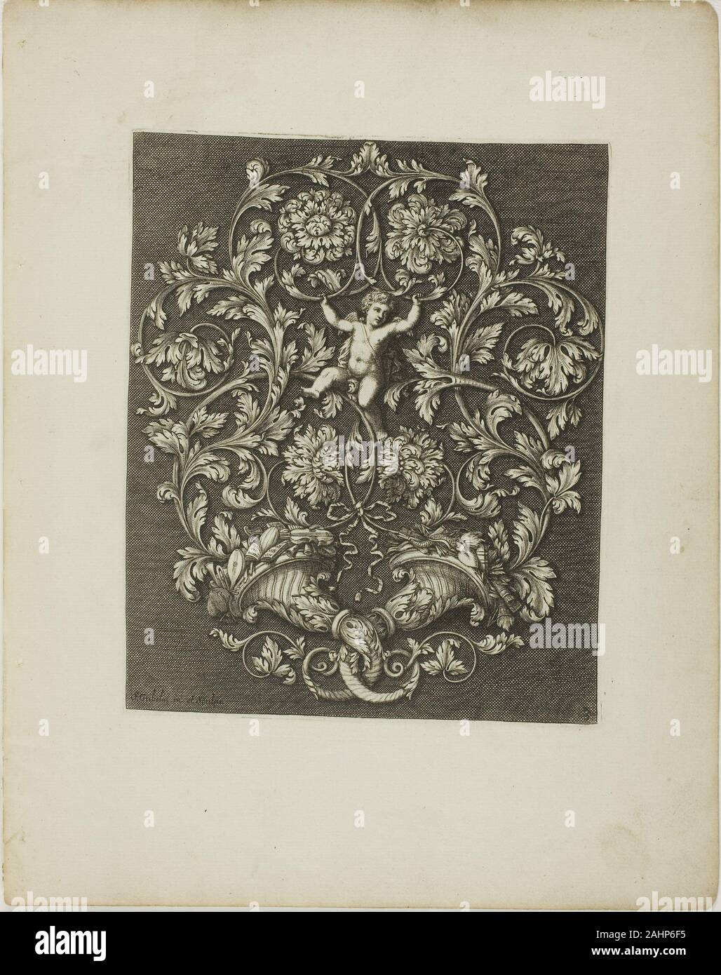 Simon Gribelin, II. Platte Drei, von einem neuen Buch von Ornamenten. 1704. Frankreich. Gravur auf charmante Papier Simon Gribelin II Set mit 12 Stichen macht ein Buch der ornament Muster, die von Künstlern kopiert und von den Enthusiasten durchgelesen werden. Die detaillierten Bilder in das neue Buch von Ornament sinnvoll, alle Künstler wechseln zwischen geschwungener Rahmen mit historischen und mythologischen Kartuschen und mehr schematische Darstellungen in der Form von Medaillons, Dekorative Bänder und Schmuck. Stockfoto