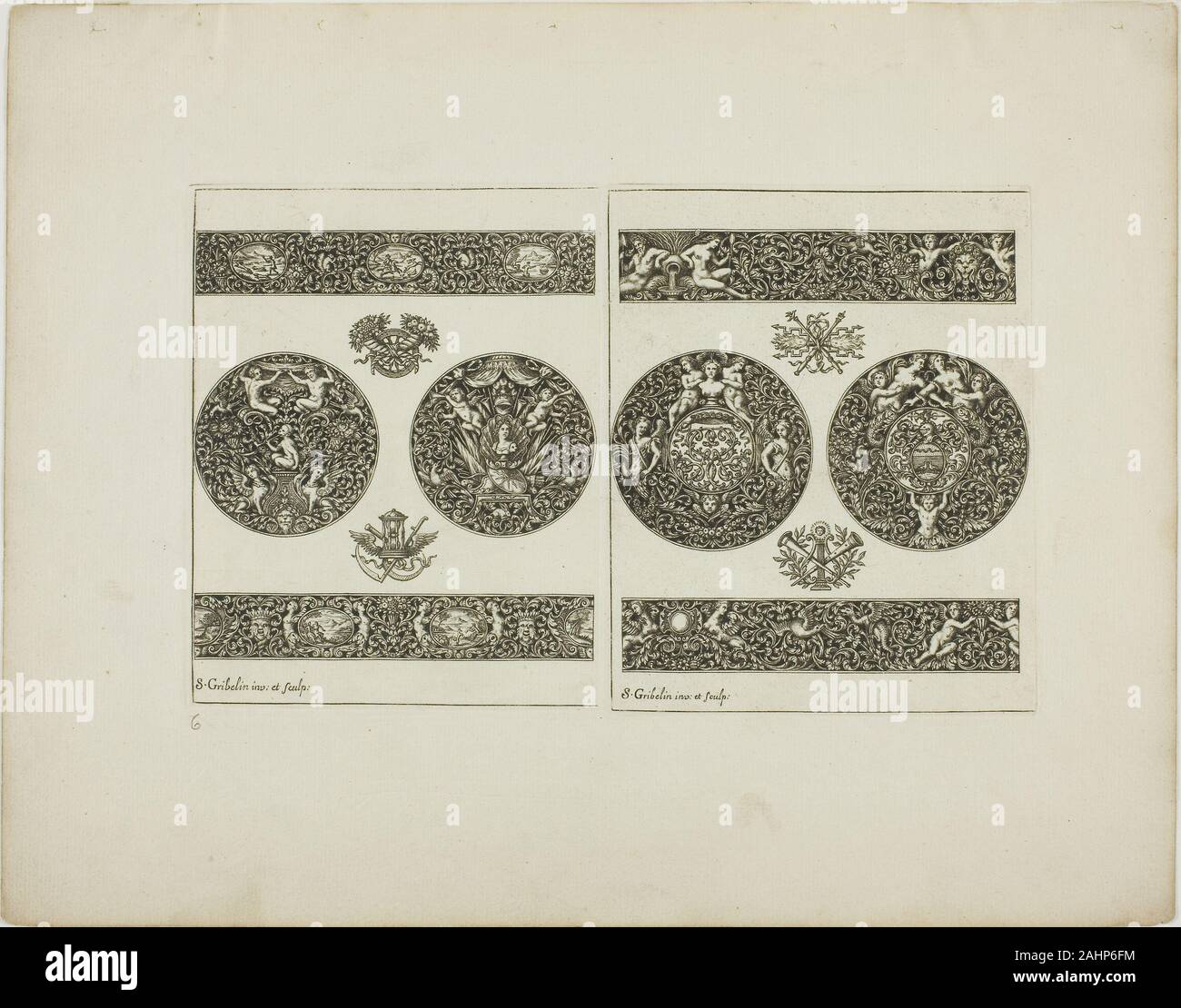 Simon Gribelin, II. Platte, die Sechs, von Buch des Ornaments. 1704. Frankreich. Gravur auf charmante Papier Simon Gribelin II Set mit 12 Stichen macht ein Buch der ornament Muster, die von Künstlern kopiert und von den Enthusiasten durchgelesen werden. Die detaillierten Bilder in das neue Buch von Ornament sinnvoll, alle Künstler wechseln zwischen geschwungener Rahmen mit historischen und mythologischen Kartuschen und mehr schematische Darstellungen in der Form von Medaillons, Dekorative Bänder und Schmuck. Stockfoto