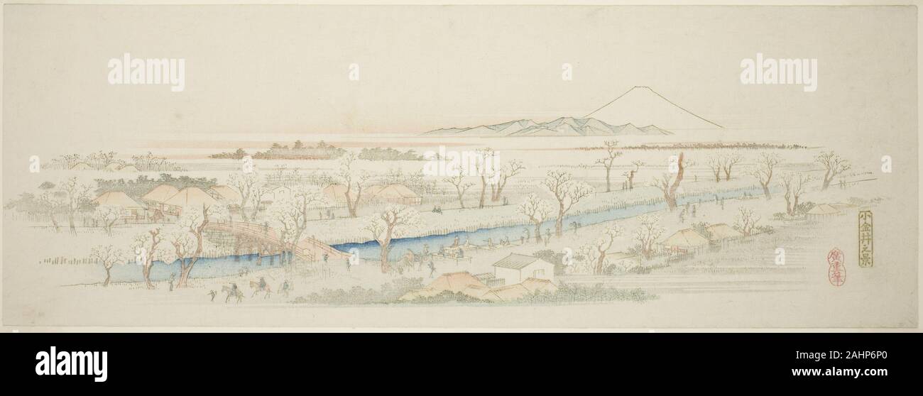 Utagawa Hiroshige. Blick auf Koganei (koganei Keine kei), von einer unbetitelten Serie von berühmten Blick auf die Edo Vororten. 1834 - 1845. Japan. Farbe holzschnitt; ebangire, surimono Stockfoto