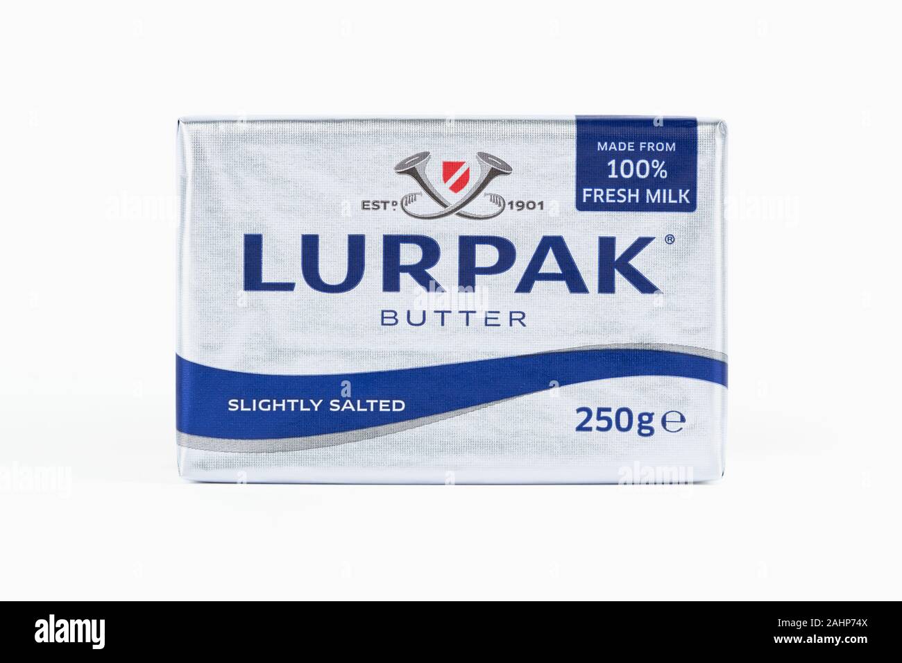 Ein Paket von Lurpak butter Schuss auf einem weißen Hintergrund. Stockfoto