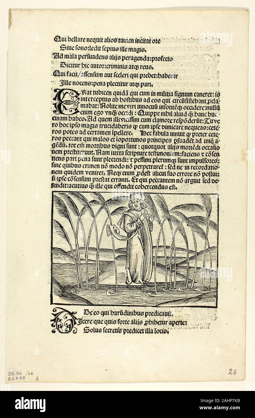 Unbekannter Künstler (Carver). Der Mann, der damit auf die stimmzungen (recto) und der bewaffneten Noble, die vermutlich viel aber wenig (verso) von Fabulae et Vita (Fabeln und Leben), Platte 26 von Holzschnitten aus Büchern des 15. Jahrhunderts gepredigt. 1492 - 1500. Deutschland. Holzschnitt und Buchdruck in Schwarz (Recto und verso) auf festem Bütten Stockfoto