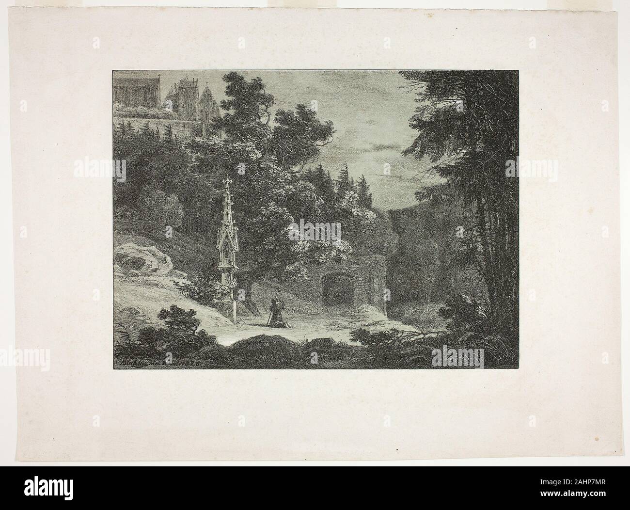 Carl Blechen. Pilger im Wald. 1825. Deutschland. Lithographie in Schwarz und Blau auf Creme webte Papier während seiner gesamten Karriere, Carl Blechen oft das Thema der Pilger am Schrein in den Wäldern. In dieser Darstellung, die religiöse Heiligtum, Bäume, und dunklen Landschaft tauchen über die betenden Pilger, die eine melancholische Stimmung. Die emotionale Tenor der Szene wird durch Blassgrün der Lithographie Farbton erweitert. Blechen verwendet zwei Steine diesem Druckjob zu erstellen, eine mit grüner Farbe für den Hintergrund und das andere Lager eine Zeichnung des primären Bilds. Obwohl die Landschaft düster, die shrin Stockfoto