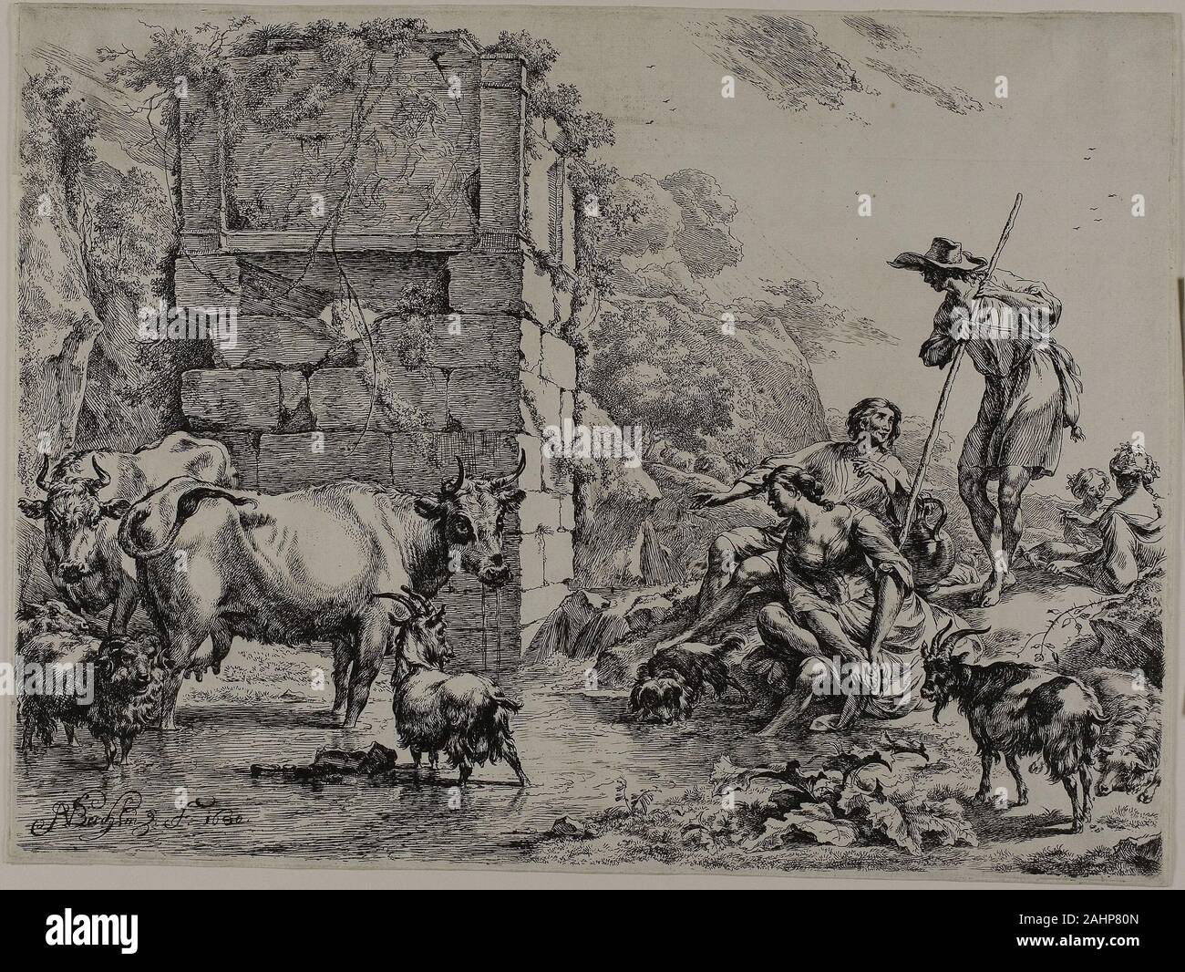 Claes Pietersz. Bercham. Kuh Trinken. 1680. Holland. Radierung auf Papier Nicolaes Berchem war der berühmteste niederländische Maler des idyllischen Italienischen Ansichten, aber Er hat auch über 50 Radierungen von pastoralen Themen Umgang mit Hirten und ihre Tiere gemacht. Diese ausgereifte und ehrgeizige Drucken (in der die Kuh ist in der Tat, nicht zu trinken, aber viel anderes scheint der Fall zu sein) wurde aus einem 1679 Zeichnung, das jetzt in der Sammlung Dutuit, Paris. Stockfoto