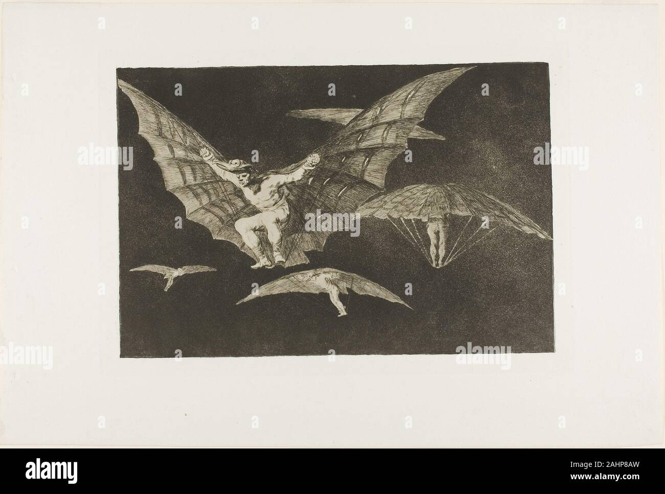 Francisco José de Goya y Lucientes. Eine Art des Fliegens, von Disparates, veröffentlicht als Platte 13 in Los Proverbios (Sprüche). 1815 - 1817. Spanien. Radierung und Aquatinta in braun-schwarz auf Elfenbein webte Papier gegen Ende seines Lebens, Francisco de Goya erstellt eine satirische Serie von Radierungen veröffentlicht als Los proverbios (Sprüche). Die Serie wurde auch bekannt als Los disparates, im Sinne von "Unsinn" oder "Verrücktheiten." Obwohl Goya häufig verwendet, fliegen als Symbol der Mensch ist böse und Eitelkeit, dieser Gruppe der Drucke enthält einige seiner geheimnisvollen und komplexe Bilder, die er absichtlich offen gelassen zu vielen Interpretatio Stockfoto