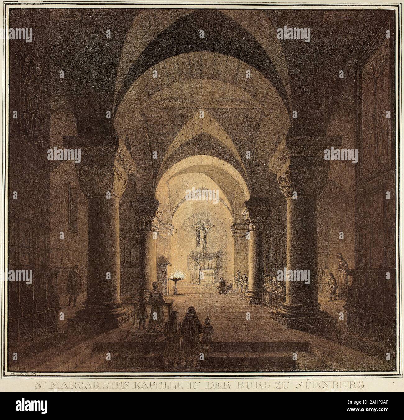 Domenico Quaglio. Kapelle der Heiligen in der Stadt Nürnberg, aus der Sammlung der Denkwürdigen mittelalterlichen Gebäuden in Deutschland. 1819. Deutschland. Lithographie in Schwarz mit Grau-grün und blass rot-orange Farbton Steine auf Creme webte Papier Quaglio teilten die deutschen romantischen Vorliebe für Lithographie und Nostalgie für mittelalterliche Architektur. Ungewöhnlich lebendige in der Verwendung von Tönung - Stein Färbung, Quaglio des glühenden Lithographie der Innenkammer einer Kapelle zeigt, als ob es nicht nur beleuchtet wurden, sondern mit Feuer getaucht. Dokumentieren von Dutzenden von ähnlichen Websites in Deutschland, er würde später eine Kommission t-Verstärkung Stockfoto