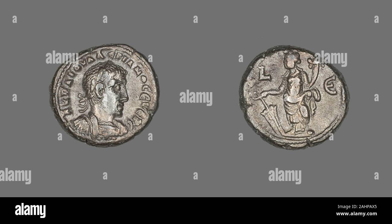 Der ägyptischen Antike. Münze Darstellung Kaiser Valerian. 257 AD - 258 AD. Ägypten. Billon Stockfoto