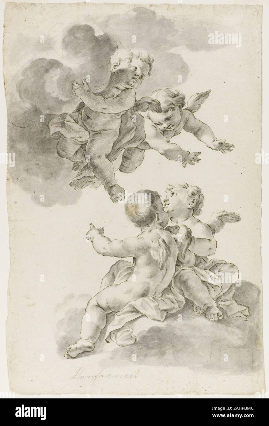 Giovanni Battista Gaulli. Vier Putten. 1602 - 1800. Italien. Pen und braun Tinte, mit Pinsel in Grau waschen, über Schwarze Kreide, auf Elfenbein Bütten Stockfoto