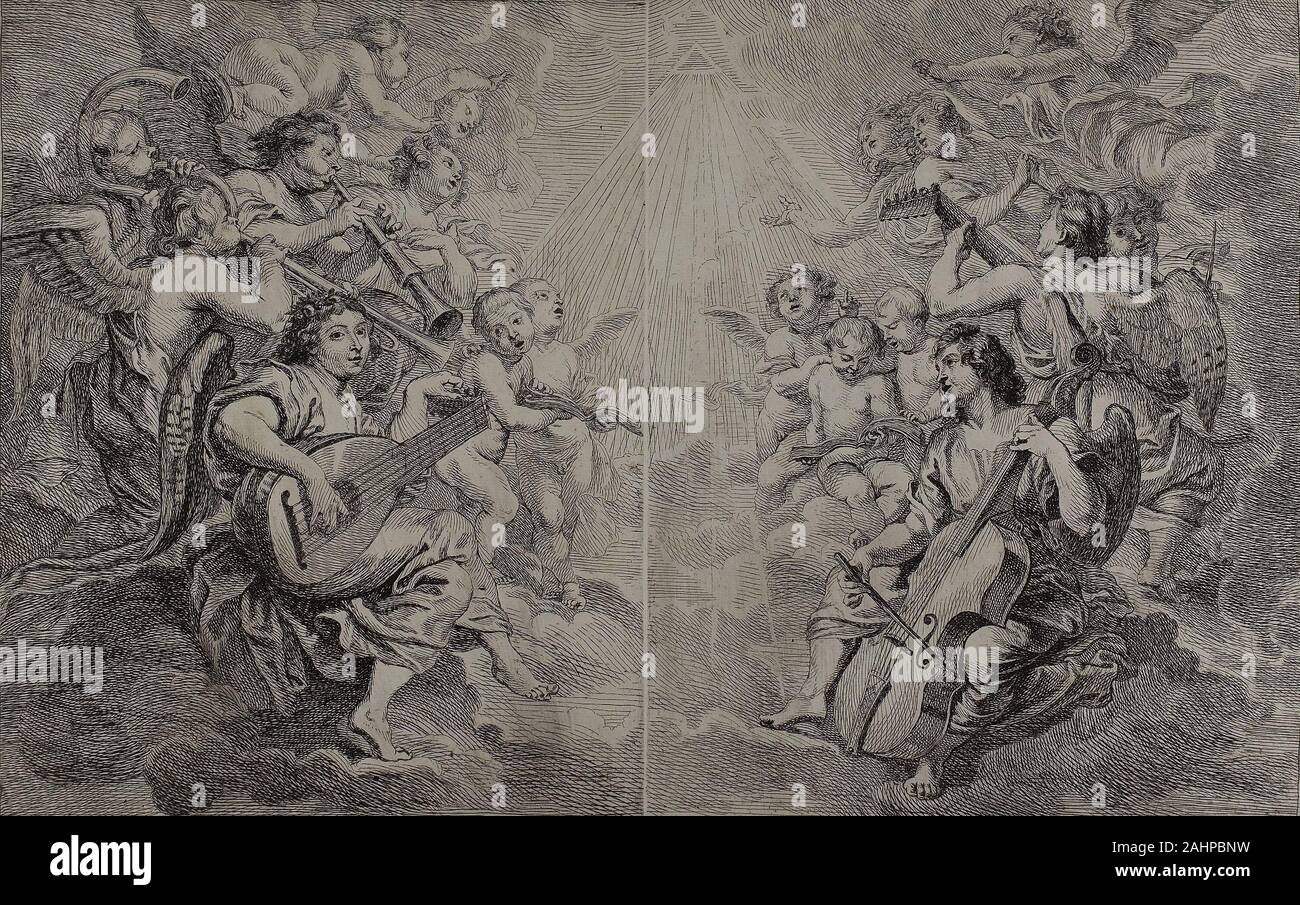 Cornelis Schut, I. Engel Musik machen. 1645 - 1655. Flandern. Ätzen von zwei Platten in Schwarz auf Elfenbein Bütten, wenn das Ensemble des himmlischen Musiker erstellen, Cornelis Schut ich durch die Tapisserie Serie in Peter Paul Rubens abgebildet Malerei die Anbetung der Eucharistie (1937.1012) inspiriert wurde. Auf der linken Seite, ein Engel gekrönt mit einem floralen Kranz eine Laute spielt. Ein Trio von Engeln begleitet ihn mit einer Trompete, Horn, und Schalmei (ähnlich einer Oboe). Auf der rechten Seite, drei Engel spielen eine Bass Violine (ein Vorläufer der Cello), eine laute und eine Violine. Gruppen von Engelchen Singen, manchmal mit der Stockfoto