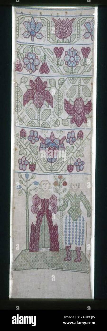 Doppelseitige Sampler. 1675 - 1700. England. Bettwäsche, in Leinwandbindung, bestickt mit Seide in zurück, Kreuz, Doppel läuft, läuft, Öse Loch, 4-seitig und 2-seitig Italienische Kreuz Maschen; freistehende Knopfloch Stiche auf der Rückseite Stockfoto