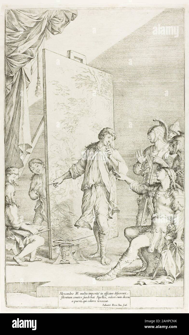 Salvator Rosa. Alexander im Studio von Apelles. 1657 - 1667. Italien. Ätzen und Kaltnadelradierung auf Elfenbein Bütten Salvator Rosa dieses große Drucken wahrscheinlich als Begleiter zu seinem Genius der Salvator Rosa (2002.463). Es zeigt eine Geschichte, die von der Römischen Autor Plinius, wie Alexander der Große gedemütigt wurde und durch den berühmten griechischen Maler Apelles verspottet. Wie die Inschrift beschreibt, im Studio Alexander viele uninformierte Kommentare gemacht, und Apelles riet ihm, still zu sein, sagen, daß die Jungen, die in Schleifen Farben eingerastet lacht darüber waren. Wie Apelles, Rosa hatte keine Skrupel, erklärte Hi Stockfoto