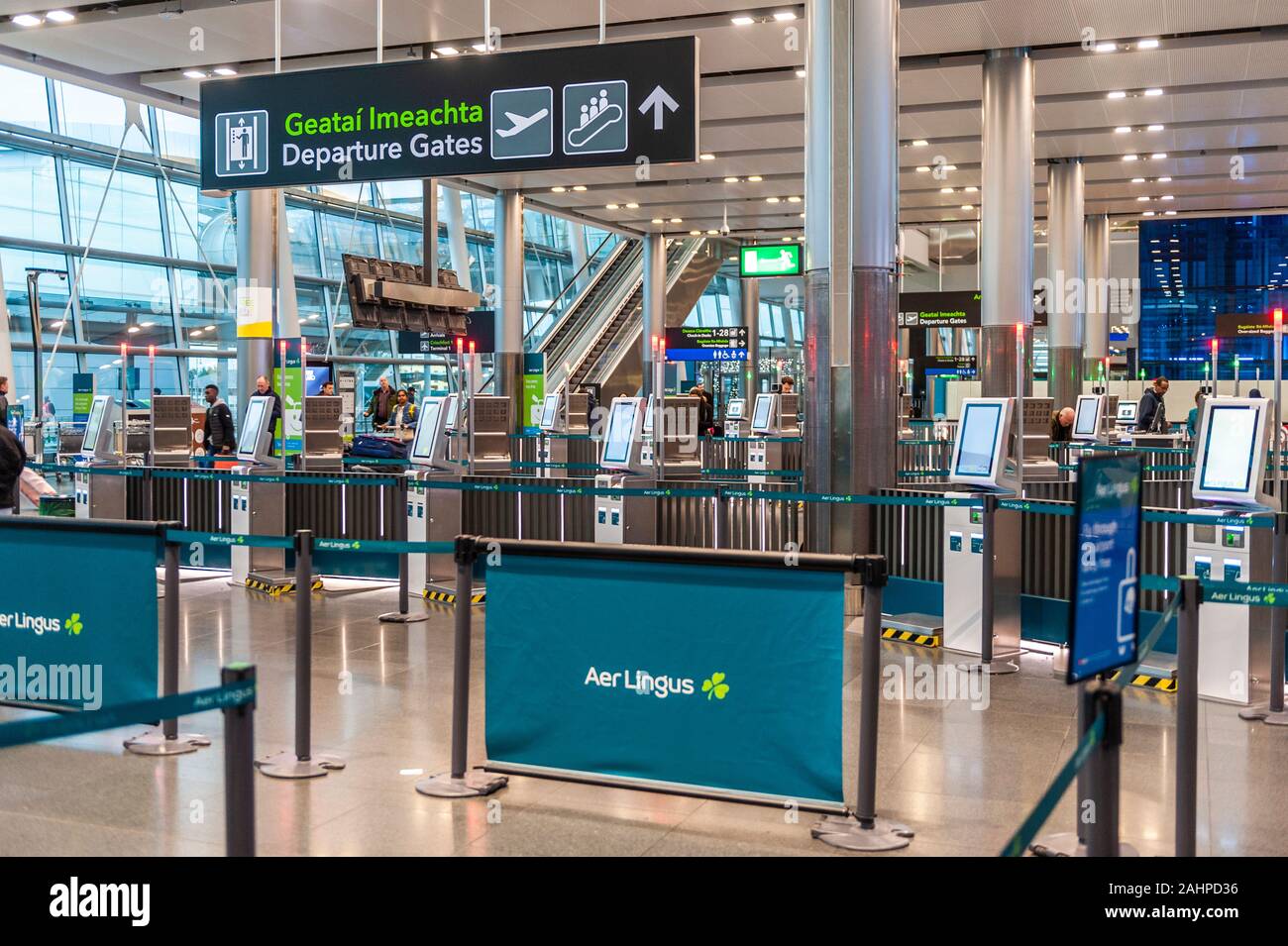 Automatische Check-in-Automaten im Terminal 2, Flughafen Dublin, Dublin, Irland. Stockfoto