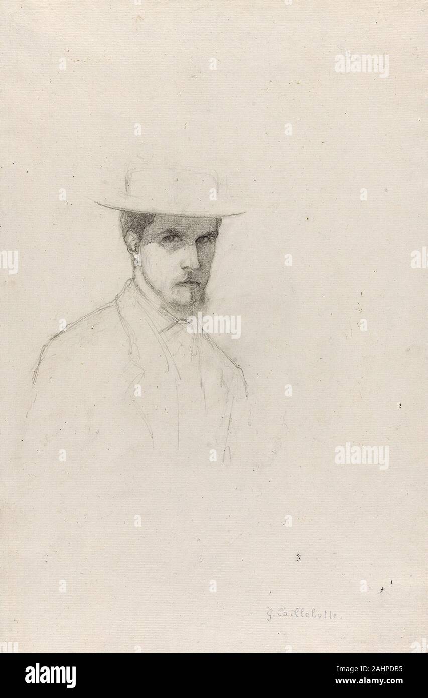 Gustave Caillebotte. Selbstbildnis mit Hut. 1874 - 1884. Frankreich. Graphit auf Off-white, mittelschwere, mäßig strukturiertem Papier in einem Pariser der oberen Mittelklasse Familie geboren, Gustave Caillebotte wurde zu den Innovationen der junge Künstler, die wie die Impressionisten bekannt wurde angezogen. Er Offiziell trat der Gruppe für ihre zweite Ausstellung, im April 1876, und dann organisiert die Ausstellung von 1877, wo er Paris Street zeigte; regnerischen Tag, sein Meisterwerk. Stockfoto