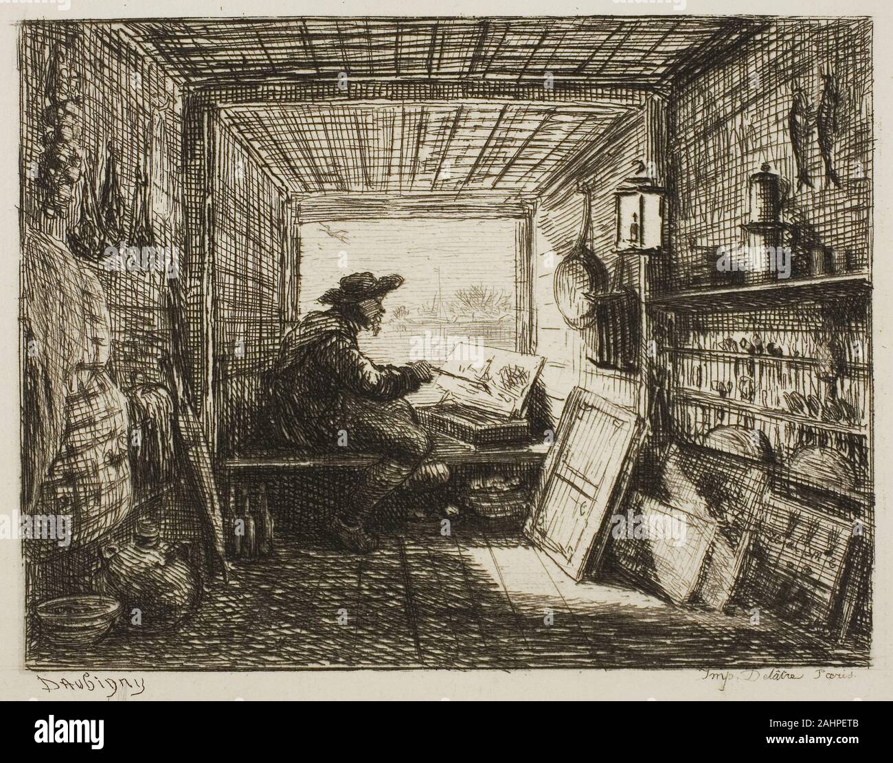 Charles François Daubigny. Die Yacht Studio, von der Bootsfahrt. 1861. Frankreich. Ätzung auf Elfenbeinfarbenem gelegt, um die flusslandschaft Szenen, die so gut mit seinem Temperament und Geschmack zuerkannt zu malen, Daubigny beschlossen, eine schwimmende Studio, positioniert werden können, um den besten Blickwinkel zu leisten und die vielfältigen Auswirkungen der natürlichen Licht zu erfassen. Die Radierungen, die in der Reihe die Bootsfahrt führte sind ein frühes Beispiel der Plein-air-Ästhetik, die Praxis der Arbeiten von Türen, die voll und ganz von den Impressionisten umarmt werden würde. Stockfoto