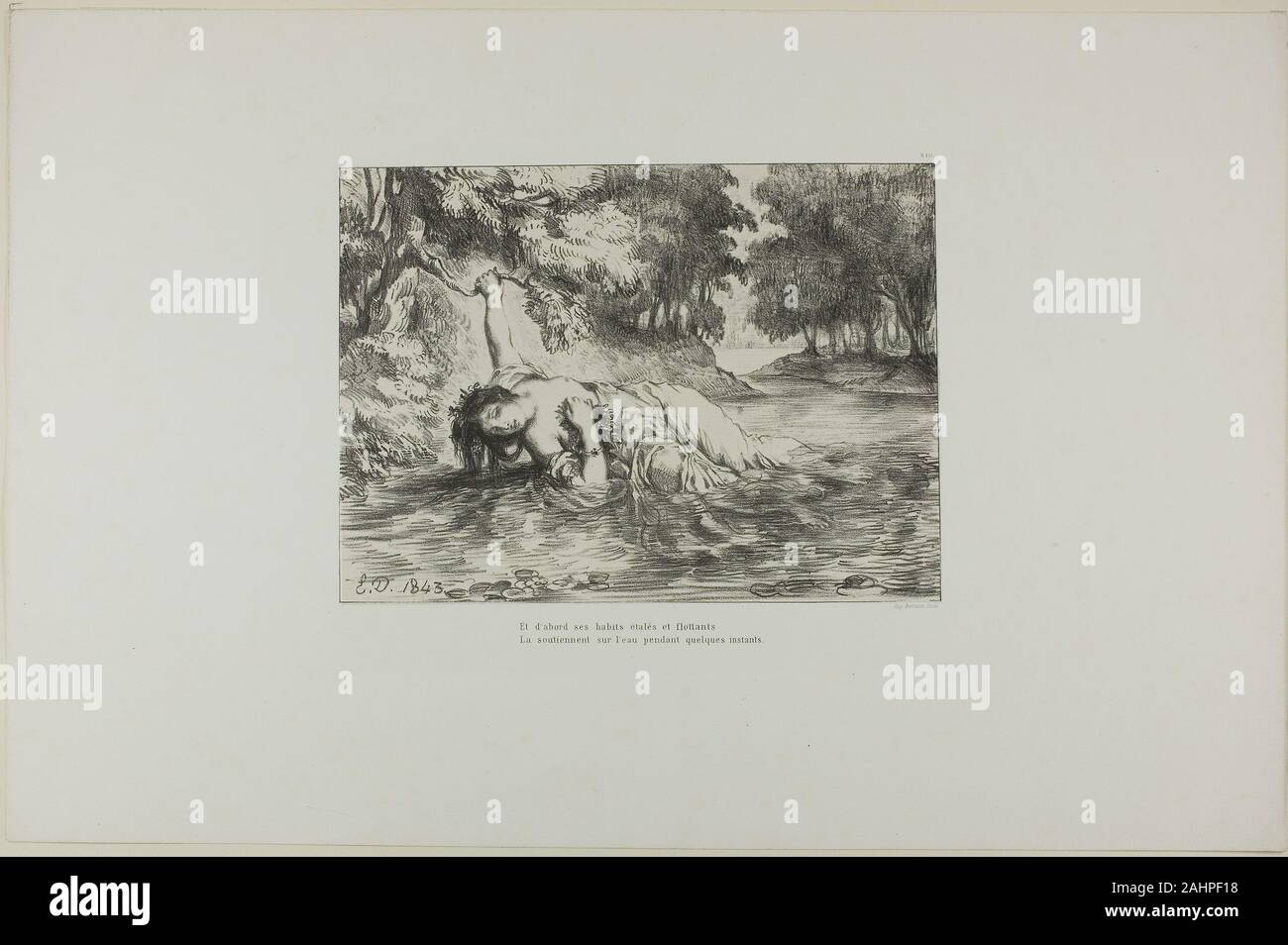 Eugène Delacroix. Ophelia's Tod, Platte 13 von Weiler. 1843. Frankreich. Lithographie in Schwarz auf Elfenbein China Papier legte sich auf weißen webte Papier In dieser Lithographie von Eugène Delacroix Hamlet Serie, The Haunted, verwahrlosten Ophelia baumelt selbst über einen Stream in den Momenten vor ihrem Tod. Delacroix durchdrungen die rauschenden Wasser mit einem Sinn für Lose Flüssigkeit durch seinen scharfen Einsatz des Mediums. Obwohl Ophelia's Tod hinter den Kulissen passiert, ist es erzählt in einer bewegenden Rede von Gertrude, Mutter Hamlets, die beschreibt den Ertrinkenden Ophelia als "nicht in der Lage, Ihre eigenen Ängste" "Ihre Kleidung spread Wide Stockfoto