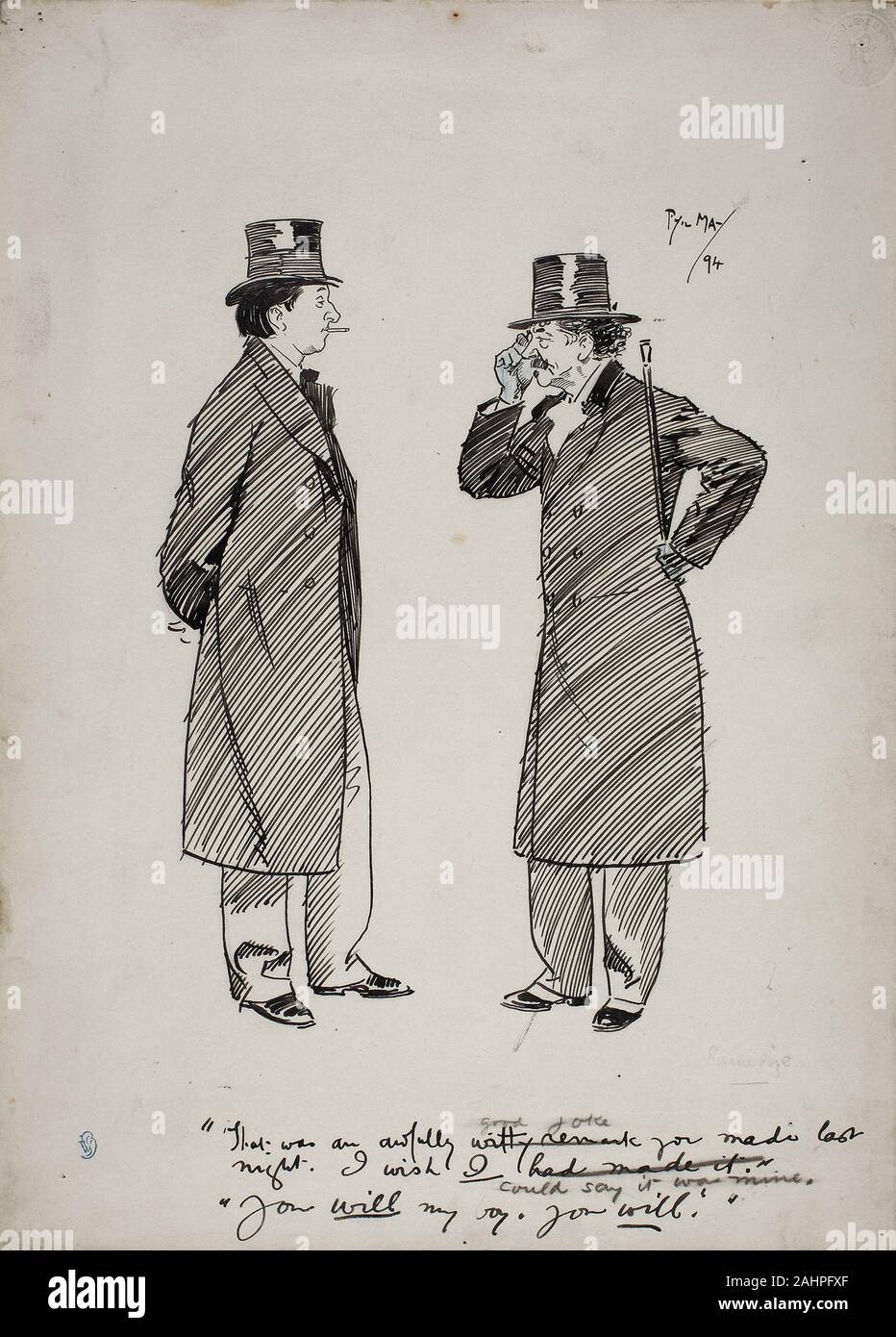 Philip William kann. Oscar Wilde und Whistler. 1894. England. Feder und Tinte schwarz, mit schwarzer Kreide und einem Hauch von blauen Zeichenstift, auf Elfenbein Laminat board Phil May, ein Freund von Roussel und Mitglied der Chelsea Arts Club, trug Karikaturen von Schauspielern, Künstlern und Schriftstellern nach London Zeitschriften. Die kühnen Stil und scharfen Witz seiner Zeichnungen angezogen, ein möglichst breites und seine Illustrationen wurden auch in Buchform veröffentlicht. Diese Karikatur der Wilde und war Whistler reproduziert in Phil's Mai Skizzenbuch, die erstmals 1895 herausgegeben wurde. Die Überschrift bezieht sich auf Aussagen von Whistler, Wil Stockfoto