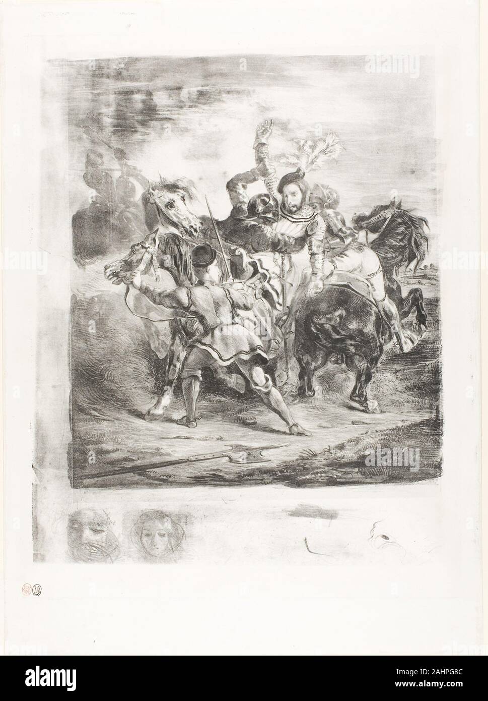 Eugène Delacroix. Weislingen herum von Goetz' Männern angegriffen. 1836. Frankreich. Lithographie in Schwarz auf Weiß China Papier legte sich auf weißen webte Papier Stockfoto
