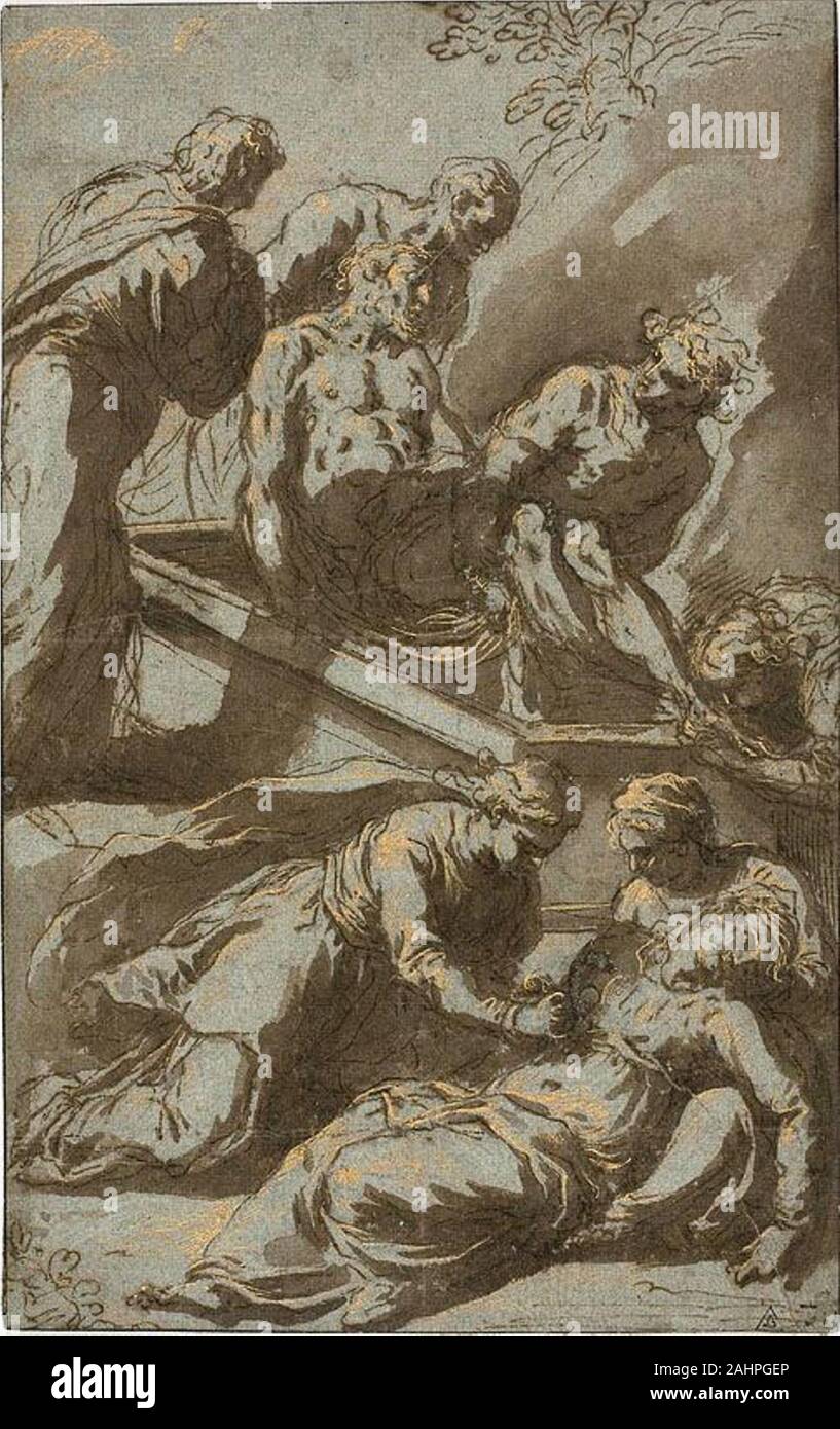 Jacopo Negretti, genannt Palma il Giovane. Die Grablegung Christi. 1590 - 1595. Italien. Pen und braune Tusche und Pinsel und Braun waschen, mit Gold Metallic Lack verstärkt, auf blauem Papier, legte auf dünnen tan Bütten Stockfoto