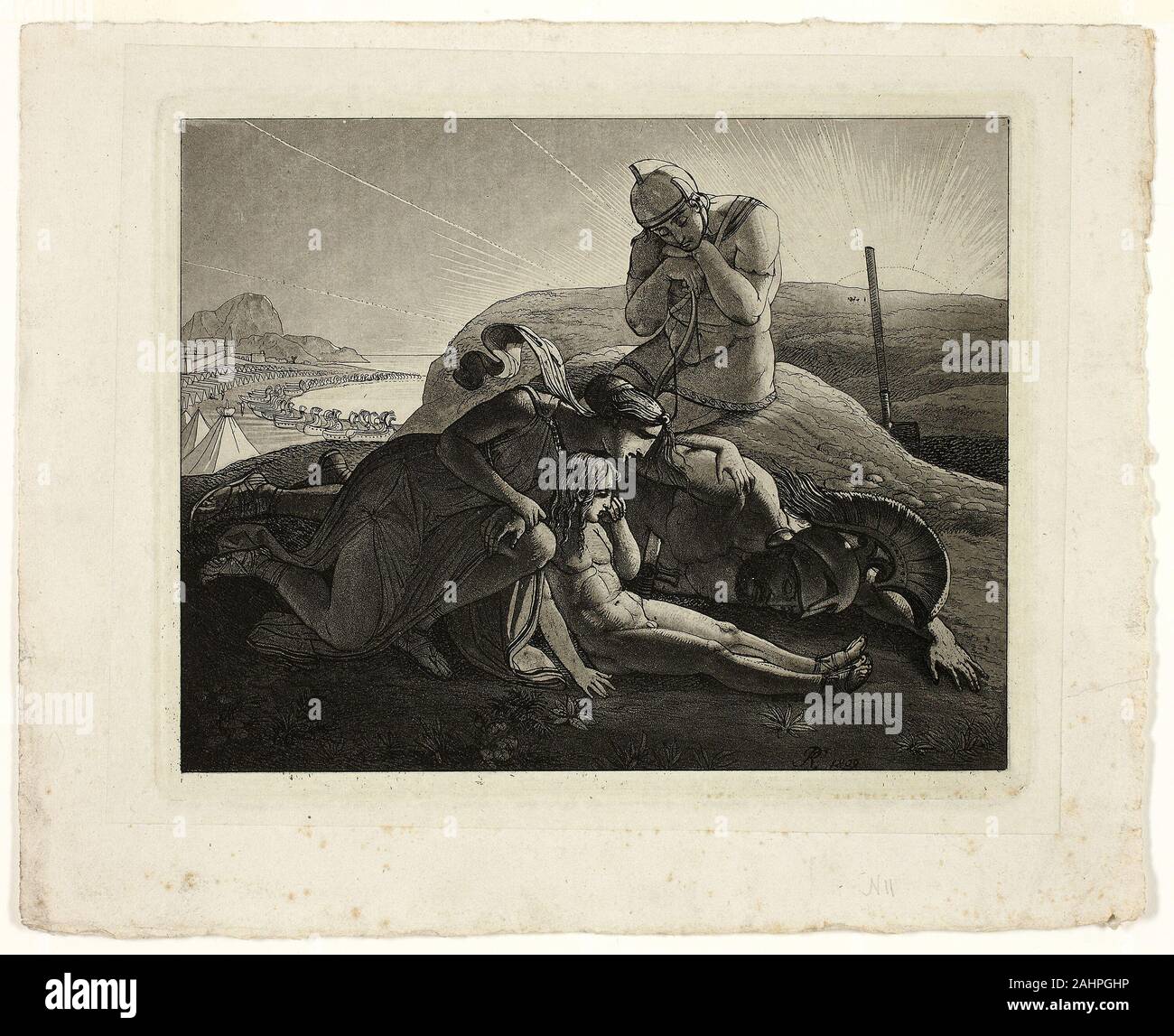 Carl Russ. Tecmessa, Ihr Sohn und Teucer beklagen die Toten Ajax. 1809. Österreich. Radierung und Aquatinta in Schwarz auf Creme webte Papier, legte sich auf Elfenbein webte Papier (chine collé) Stockfoto