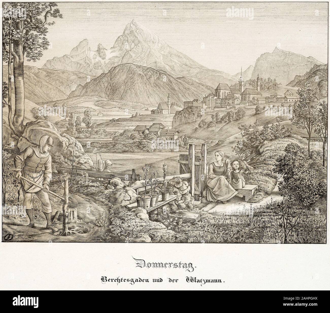 Ferdinand Olivier. Donnerstag, Berchtesgaden und den Watzmann. 1823. Deutschland. Lithographie mit Farbton - Stein auf weißem Papier webten Stockfoto