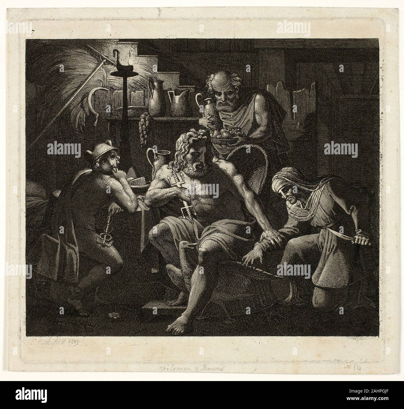 Carl Russ. Jupiter Besuche mit Philemon und Bacchus. 1809. Österreich. Radierung und Aquatinta auf Tan webte Papier Stockfoto