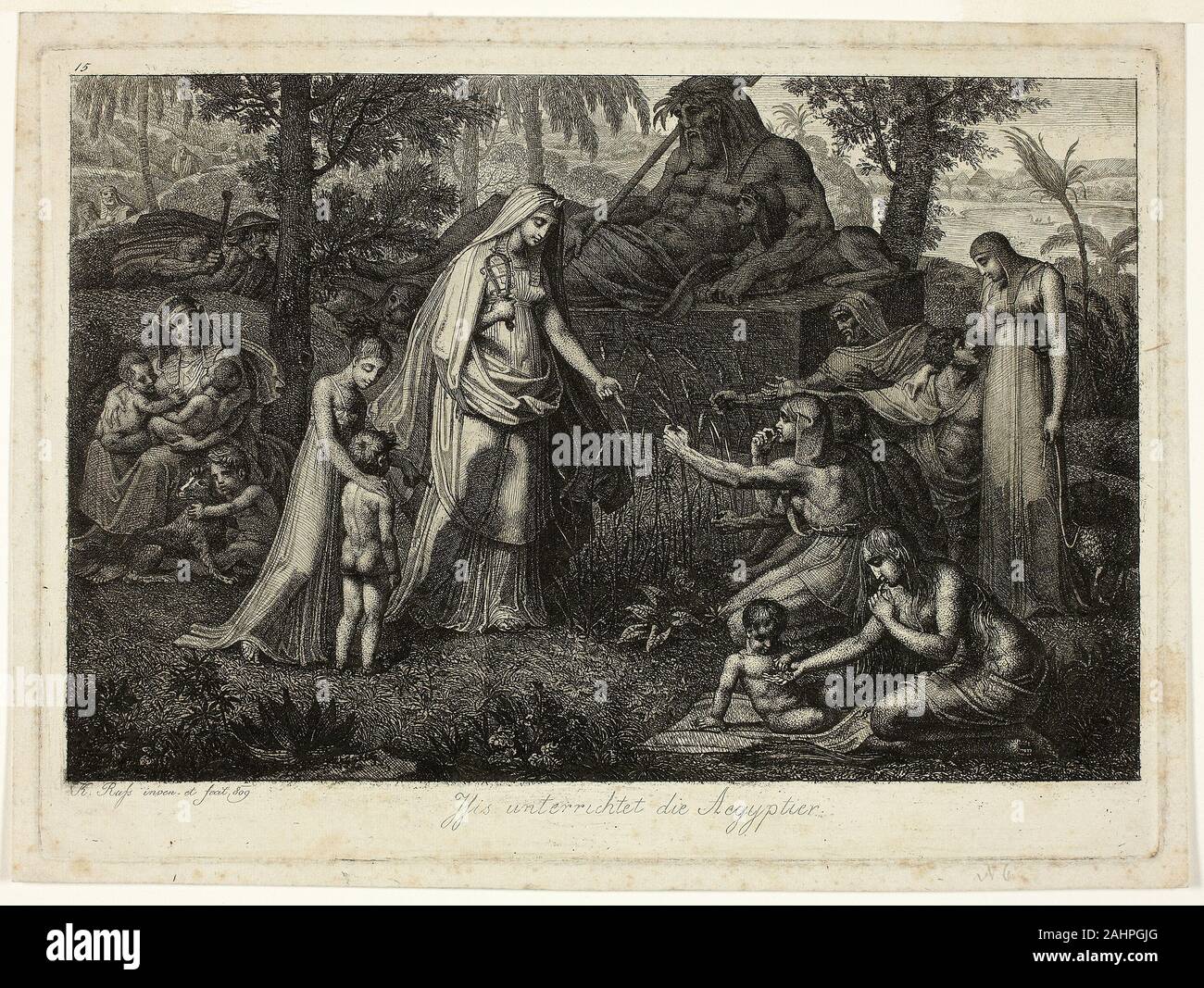 Carl Russ. Isis Unterweisung der Ägypter. 1809. Österreich. Radierung, mit Platte Ton, in Schwarz auf Tan webte Papier Stockfoto