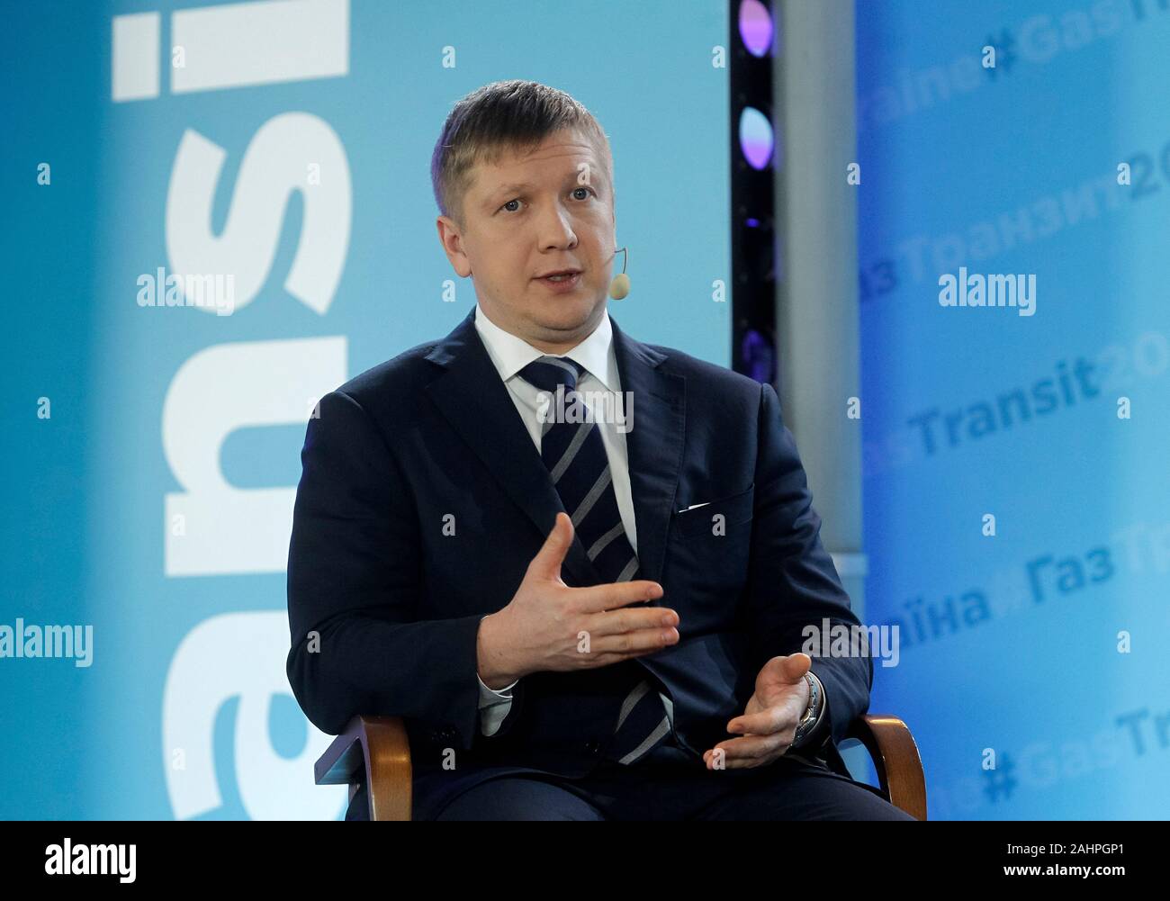 CEO von Naftogaz Ukraine, Andriy Kobolyev spricht während einer Pressekonferenz. Eine neue transit Vertrag für 2020-2024 wurde zwischen Naftogas und Gasprom abgeschlossen. Vertreter von Naftogas, Gasfernleitungsnetzbetreiber der Ukraine (GTSOU) und Gazprom haben eine Reihe von Abkommen das russische Gas Transit durch die Ukraine weiter bis 2024 inklusive, wie die naftogaz Website informiert unterzeichnet. Stockfoto