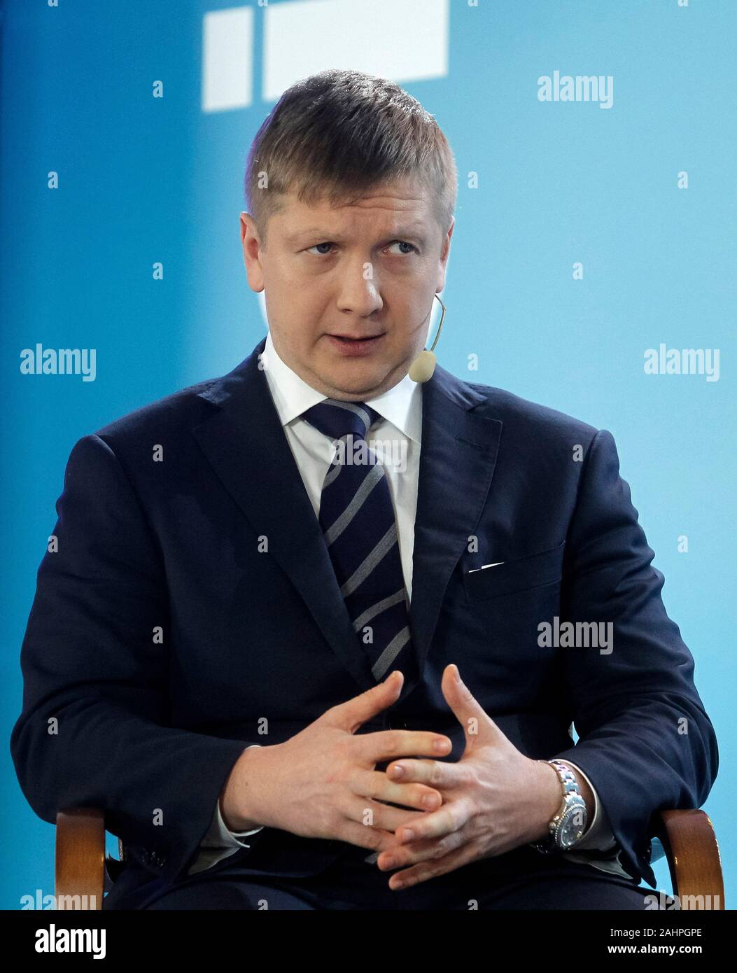 CEO von Naftogaz Ukraine, Andriy Kobolyev spricht während einer Pressekonferenz. Eine neue transit Vertrag für 2020-2024 wurde zwischen Naftogas und Gasprom abgeschlossen. Vertreter von Naftogas, Gasfernleitungsnetzbetreiber der Ukraine (GTSOU) und Gazprom haben eine Reihe von Abkommen das russische Gas Transit durch die Ukraine weiter bis 2024 inklusive, wie die naftogaz Website informiert unterzeichnet. Stockfoto