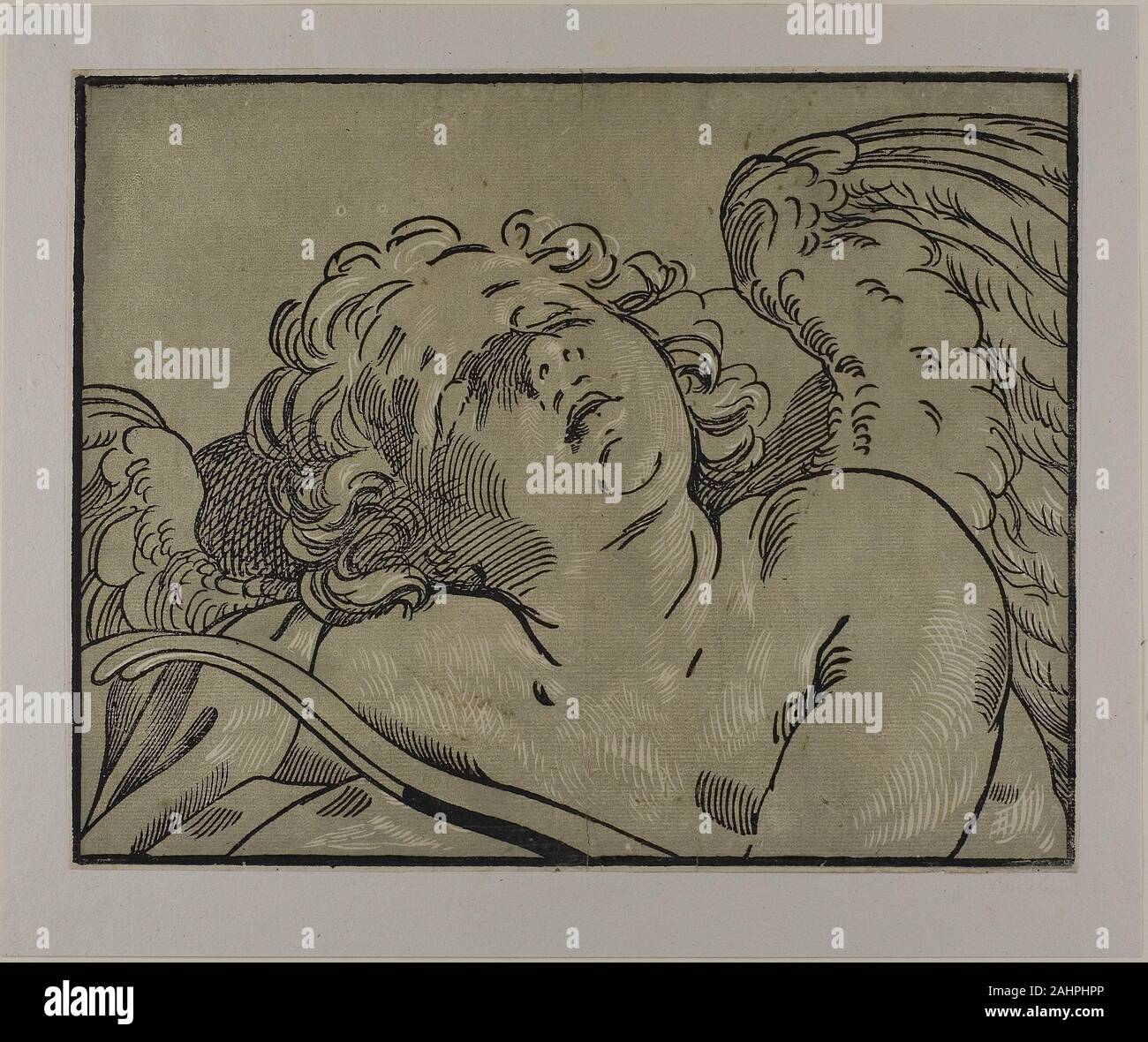 Bartolomeo Coriolano. Büste von Sleeping Cupid. 1627 - 1653. Italien. Chiaroscuro Holzschnitt aus zwei Blöcke in grau-grün und schwarz auf Creme Bütten in Hell-dunkel handholzerei, Linien stehen in der Entlastung, in verschiedenen Farben und Schattierungen gedruckt. Mehrere Klischees werden verwendet, so dass die Formen stark nachempfunden scheinen, mit markanten Kontrasten von Hell und Dunkel. Bartolomeo Coriolano verwendet, um die Mittlere Guido Reni's zart zu schlummern in eine monumentale Figur mit starken diagonal Akzente in seinen Bogen und Flügel Cupid verwandeln. Stockfoto