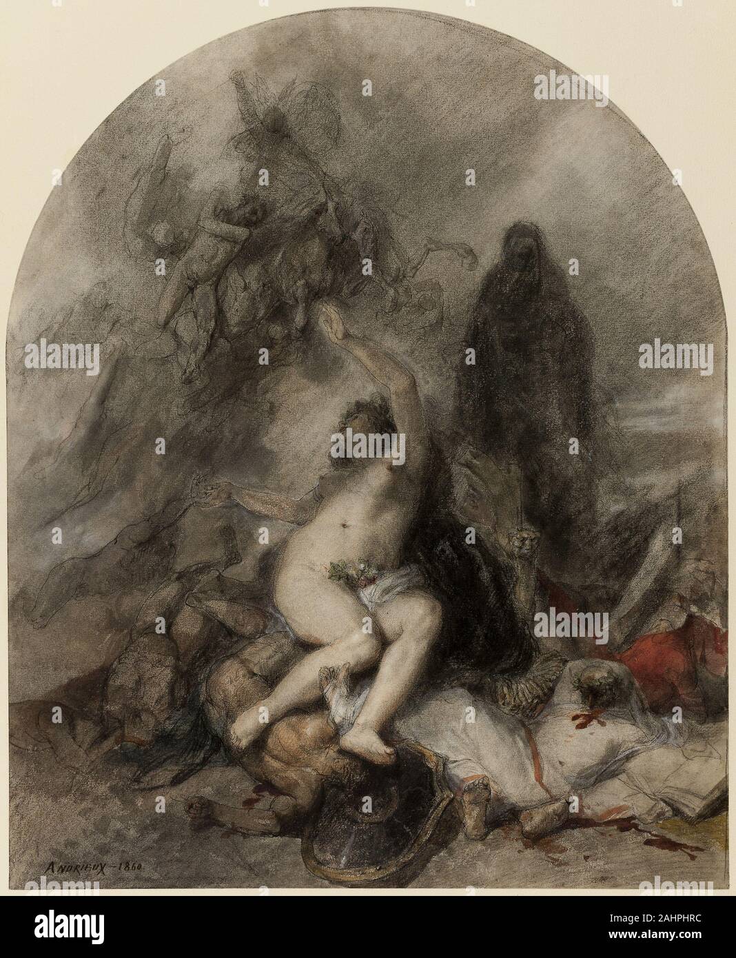 Clement Auguste Andrieux. Die Allegorie des Krieges. 1860. Frankreich. Feder und Tinte, braun mit roten und schwarzen fabriziert Kreiden und opaken und transparenten Aquarelle, mit einem Hauch von Weiß und Weiß Kreiden, auf Creme webte Papier in erster Linie ein Illustrator, Andrieux hatte eine Vorliebe für Krieg Bilder, ein marktfähiges betrifft im späten 19. Jahrhundert. Von Napoleons III Versuch, Österreich aus dem Piemont zu vertreiben und Italien in einen Staatenbund unter der Leitung von Papst konvertieren angespornt, schuf er diese Zeichnungen, in denen die Personifizierung der Krieg, der über einen Haufen von Toten Kriegern liegt wie der Tod schwebt über. Stockfoto